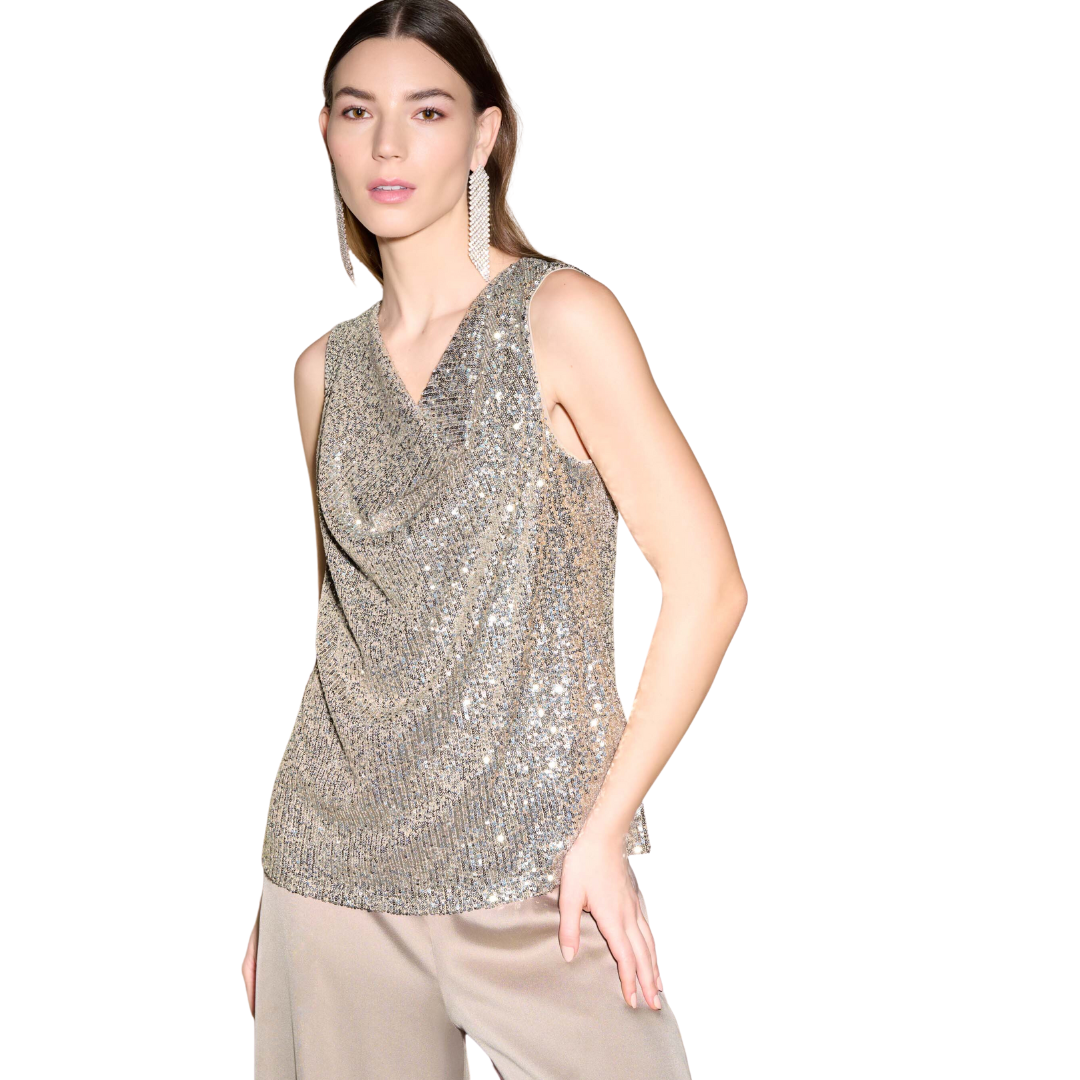 Pearls Boutique Port Dover ontario - Sequin Cami in two timeless colours: Latte and New Midnight. Prepare to illuminate any room you enter with this captivating cowel neck cami. The slight draping in the bodice adds a beautiful fluidity, ensuring all-day and all-night comfort. This cami is the perfect choice for any occasion, thanks to its classic fit and flirty sequin embellishments. Shine with confidence  into evening.