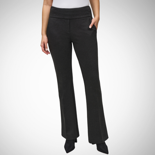 Pearls Boutique - Port Dover Ontario - Flare Trouser - Style # 244008, Colour Black. Get ready for serious style with these mid-rise trousers! Flattering flare fit Full-length design Perfect for casual days and office attire Handy side pockets Chic and minimalist Ideal for any business-savvy individual Made from 66% Viscose Rayon, 29% Nylon, and 5% Spandex Offers unbeatable comfort and flexibility Elastic waist 32-inch inseam Both practical and fashionable