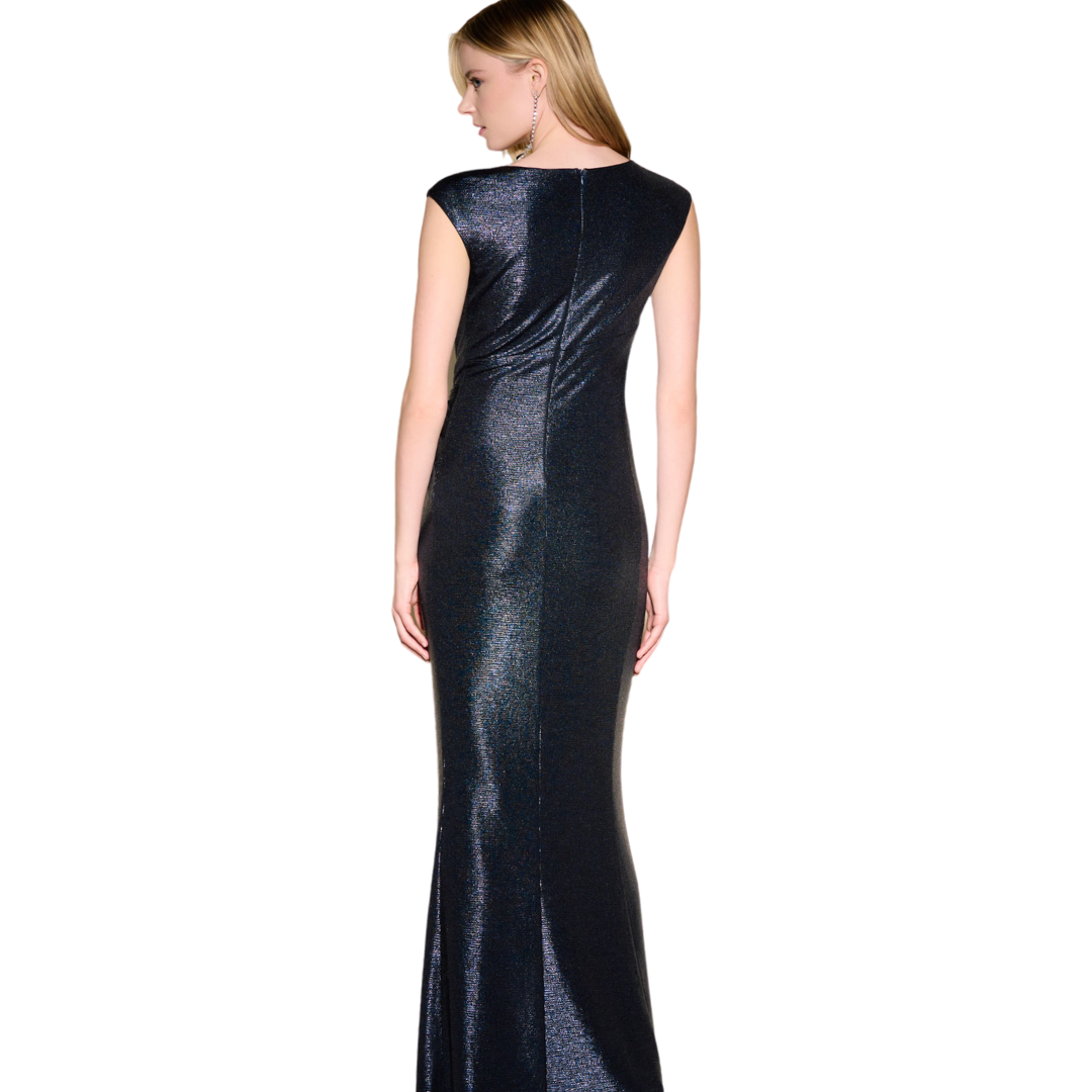 Pearls Boutique - Port Dover Ontario - Joseph Ribkoff - New Midnight (dark navy) Shimmer, Sheath Silhouette Gown. Crafted from a blend of 95% polyester and 5% spandex, this gown ensures a comfortable fit while maintaining its luxurious appeal. Featuring a convenient back zipper closure, it guarantees ease of wearing without compromising on style. This Joseph Ribkoff creation is truly a showstopper, ready to make a lasting impression at any formal affair.