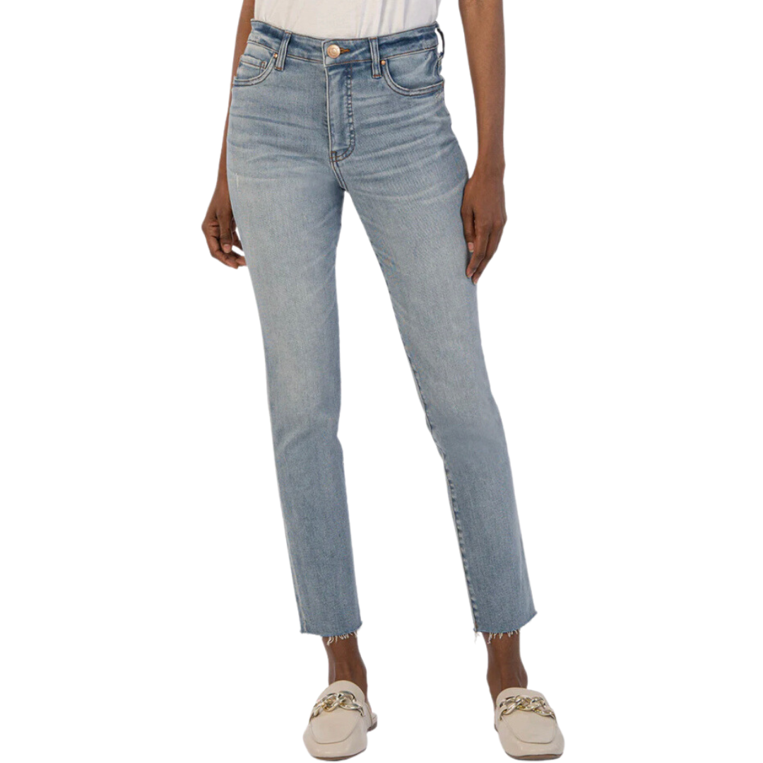 Pearls Boutique - Port Dover Ontario - KUT - Reese Jeans Color: Circulated Fab Ab front pockets that are designed to flattened and smooth.  Stretch Denim  High Rise  Fit: True to Size,  Fabric: 94% Cotton, 5% Polyester, 1% Spandex   Size & Fit: Inseam: 27 1/4", Leg Opening: 13 3/4", Rise: 10 1/4, Silhouette: Straight Leg, Five pocket design, fly front 