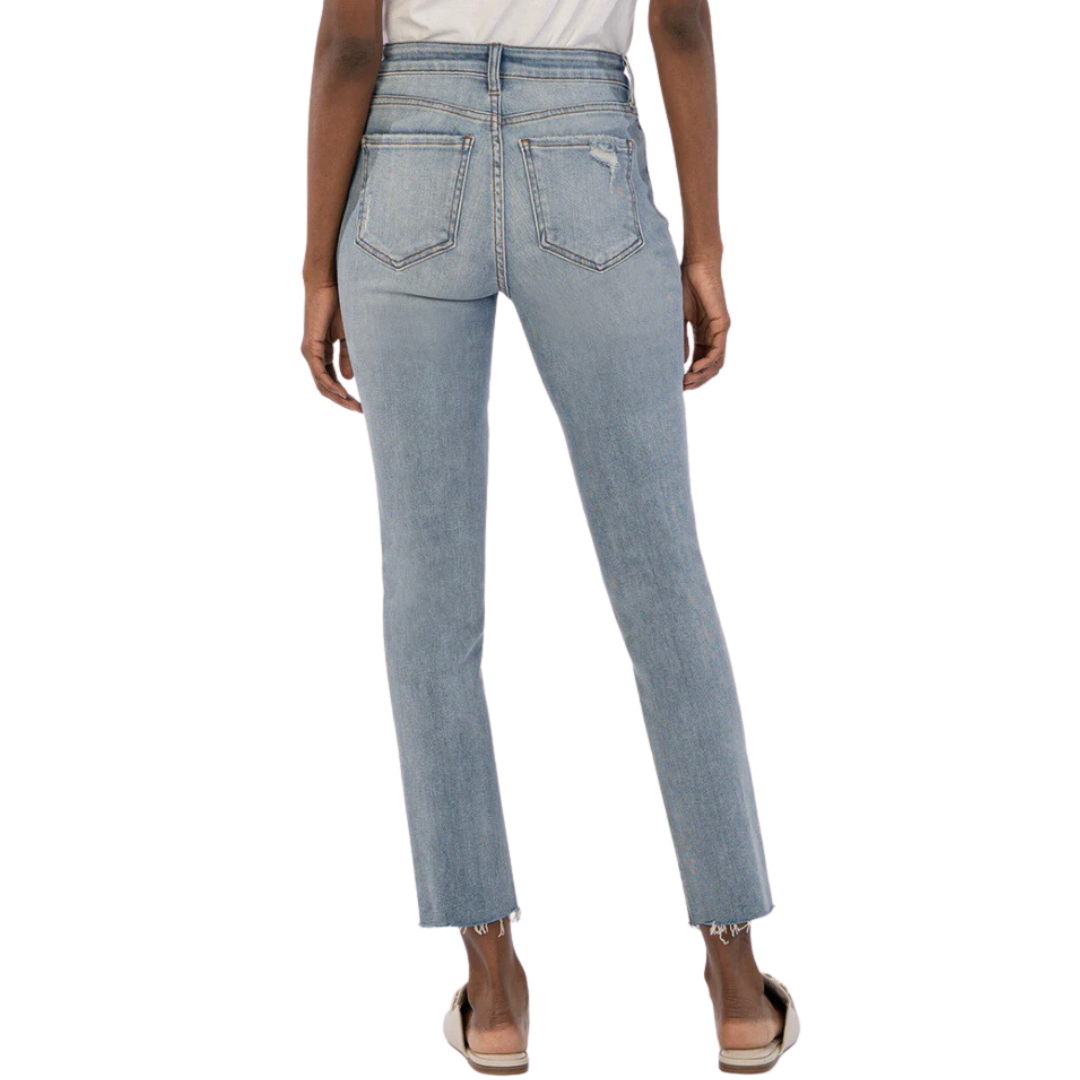 Pearls Boutique - Port Dover Ontario - KUT - Reese Jeans Color: Circulated Fab Ab front pockets that are designed to flattened and smooth. Stretch Denim High Rise Fit: True to Size, Fabric: 94% Cotton, 5% Polyester, 1% Spandex Size & Fit: Inseam: 27 1/4", Leg Opening: 13 3/4", Rise: 10 1/4, Silhouette: Straight Leg, Five pocket design, fly front