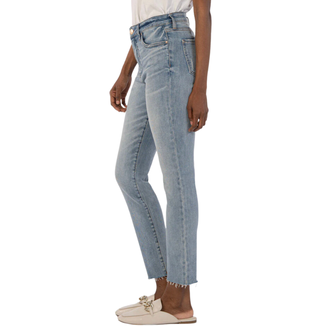 Pearls Boutique - Port Dover Ontario - KUT - Reese Jeans Color: Circulated Fab Ab front pockets that are designed to flattened and smooth. Stretch Denim High Rise Fit: True to Size, Fabric: 94% Cotton, 5% Polyester, 1% Spandex Size & Fit: Inseam: 27 1/4", Leg Opening: 13 3/4", Rise: 10 1/4, Silhouette: Straight Leg, Five pocket design, fly front