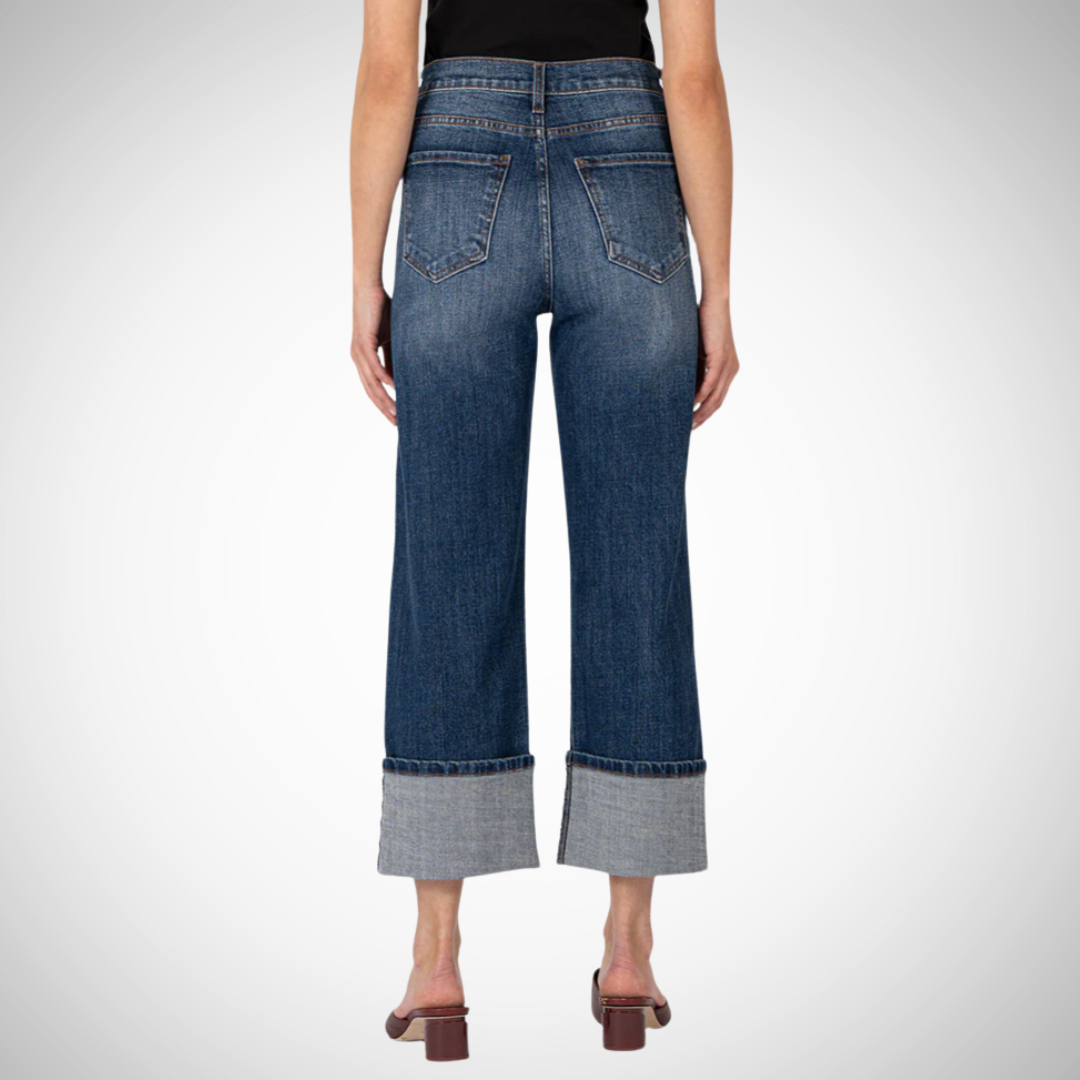 Pearls Boutique - Port Dover Ontario - KUT - Sienna - Wide Leg Jeans -Style: Vintage-inspired wide-leg Design: High-rise stretch denim Fabric: 82% cotton, 12% polyester, 5% recycled cotton, 1% spandex Versatility: Looks great cuffed or worn long Measurements: 27" inseam after roll-up, 32" inseam before roll-up, 18 1/2" leg opening, 12" rise Fit: Flattering and stylish. Med Blue Wash