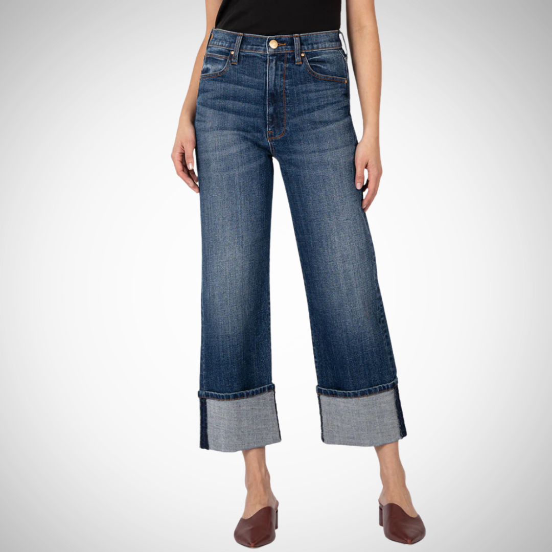 Pearls Boutique - Port Dover Ontario - KUT - Sienna - Wide Leg Jeans -Style: Vintage-inspired wide-leg Design: High-rise stretch denim Fabric: 82% cotton, 12% polyester, 5% recycled cotton, 1% spandex Versatility: Looks great cuffed or worn long Measurements: 27" inseam after roll-up, 32" inseam before roll-up, 18 1/2" leg opening, 12" rise Fit: Flattering and stylish. Med Blue Wash