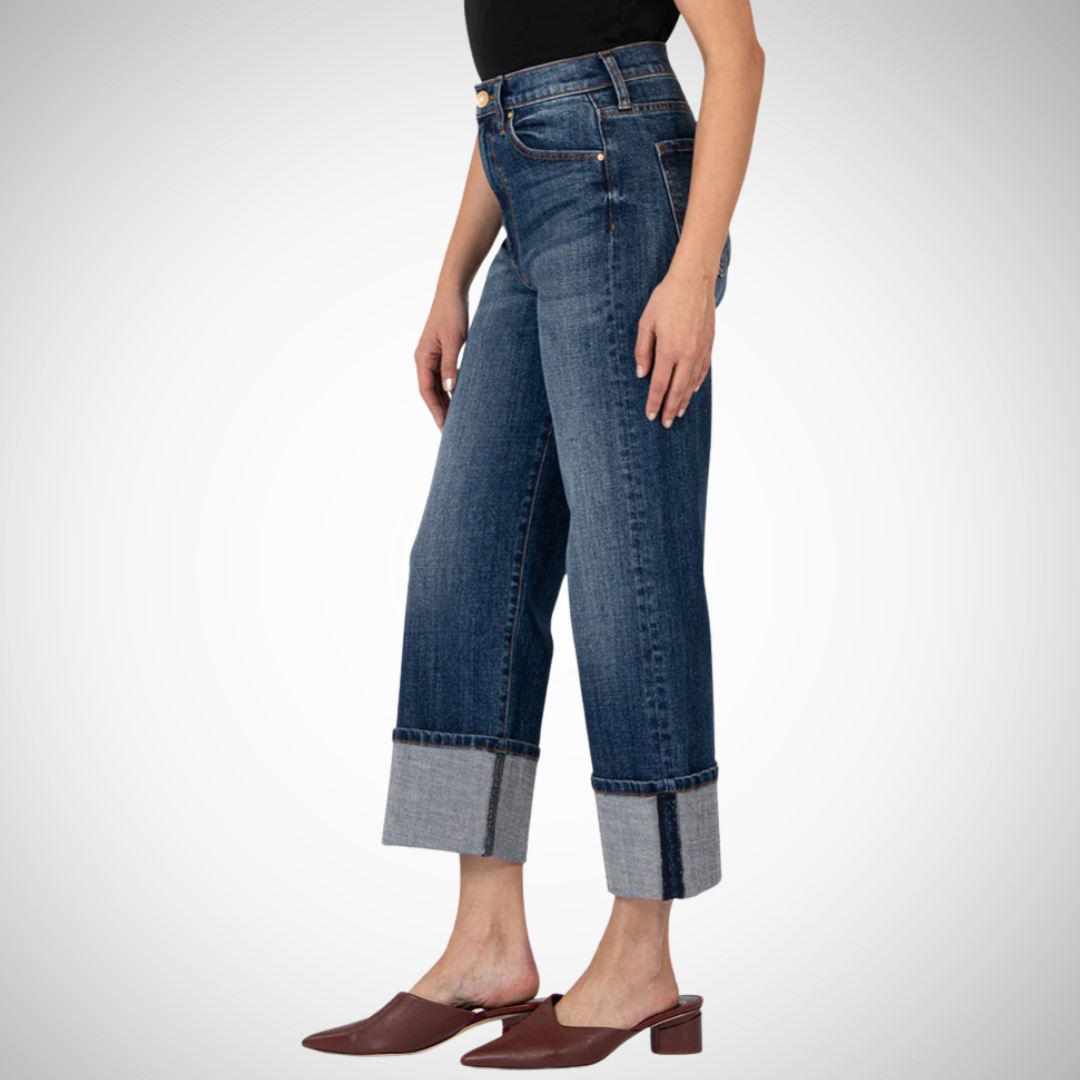 Pearls Boutique - Port Dover Ontario - KUT - Sienna - Wide Leg Jeans -Style: Vintage-inspired wide-leg Design: High-rise stretch denim Fabric: 82% cotton, 12% polyester, 5% recycled cotton, 1% spandex Versatility: Looks great cuffed or worn long Measurements: 27" inseam after roll-up, 32" inseam before roll-up, 18 1/2" leg opening, 12" rise Fit: Flattering and stylish. Med Blue Wash