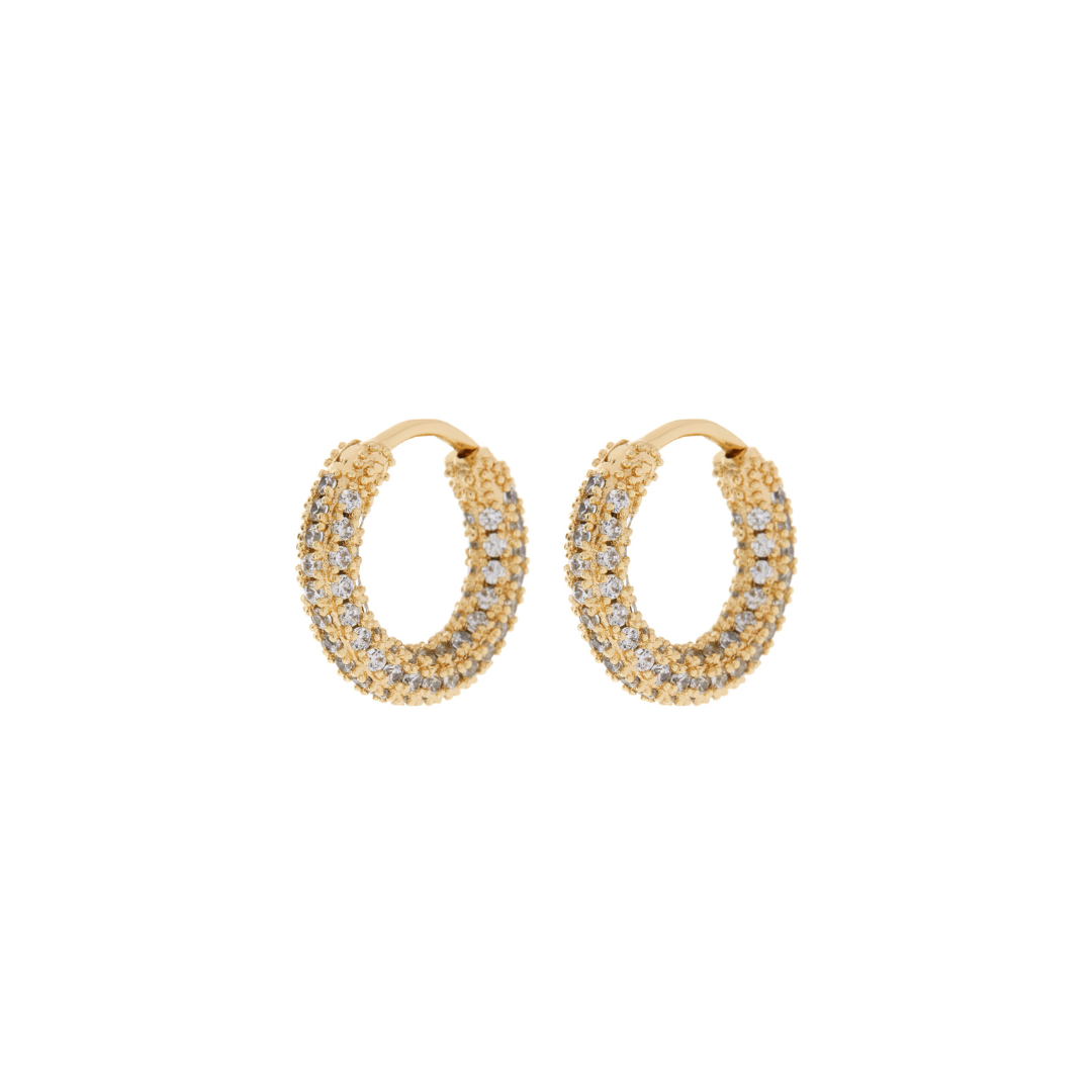 Pearls Boutique - Port Dover Ontario - LUV AJ - Pave Amalfi Huggy Hoops. these hoops have an outside diameter of 0.62" (16 mm) and a 3 mm wide tubing. Weighing only 1 gram each, . Made from plated brass and adorned with Cubic Zirconia stones, they offer a luxe fine-jewelry look. The 0.03 microns plating with e-coating ensures durability and a high polish 14K Antique Gold finish adds maximum shine. With a slightly curved lever bar closure for comfort, these earrings are 100% nickel-free and cadmium-free.   