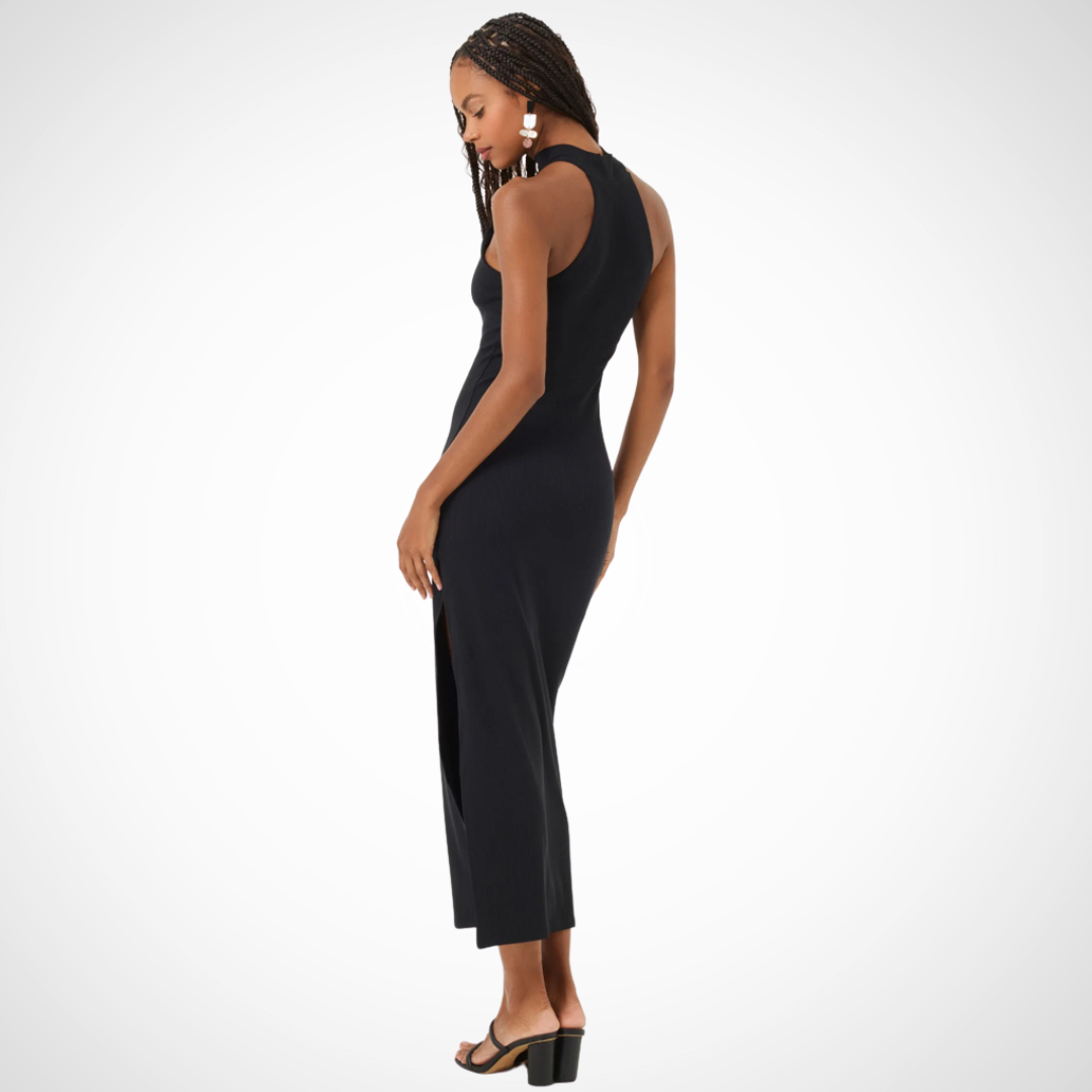 Pearls Boutique - Port Dover Ontario - Lspace - Cherie Dress. The Cherie is not your average ribbed dress. We maximized the style with this ankle-length midi and included a polished mock neck, sleeveless silhouette and perfectly-placed slit at the thigh. Mockneck Sleeveless Ribbed Ankle Length Dress Slit At Thigh 92% Viscose 8% Elastane. Colour Black