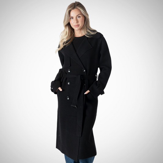 Pearls Boutique - Port Dover Ontario - Lyla + Lux - Preston Trench Coat. Colour Black. Fabric: 35% Viscose | 35% Nylon | 30% Polyester Notched lapel collar Double-breasted front button closure Buttoned cuff tabs Self-fabric belt Hand pockets