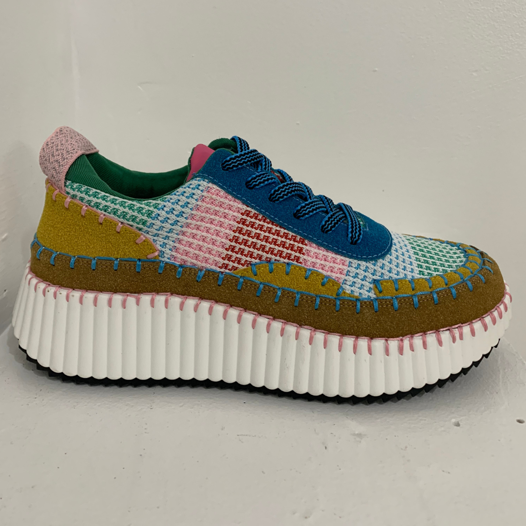 Pearls Boutique - Port Dover Ontario - Add a playful pop to your spring/summer style with the Sneak Away Runners - the perfect sneaker for those looking to up their fashion game! A gorgeous patchwork sneaker  with a platform sole. multi colour  lace up sneaker with tones of teal, pink, green, red, turquoise, white sole