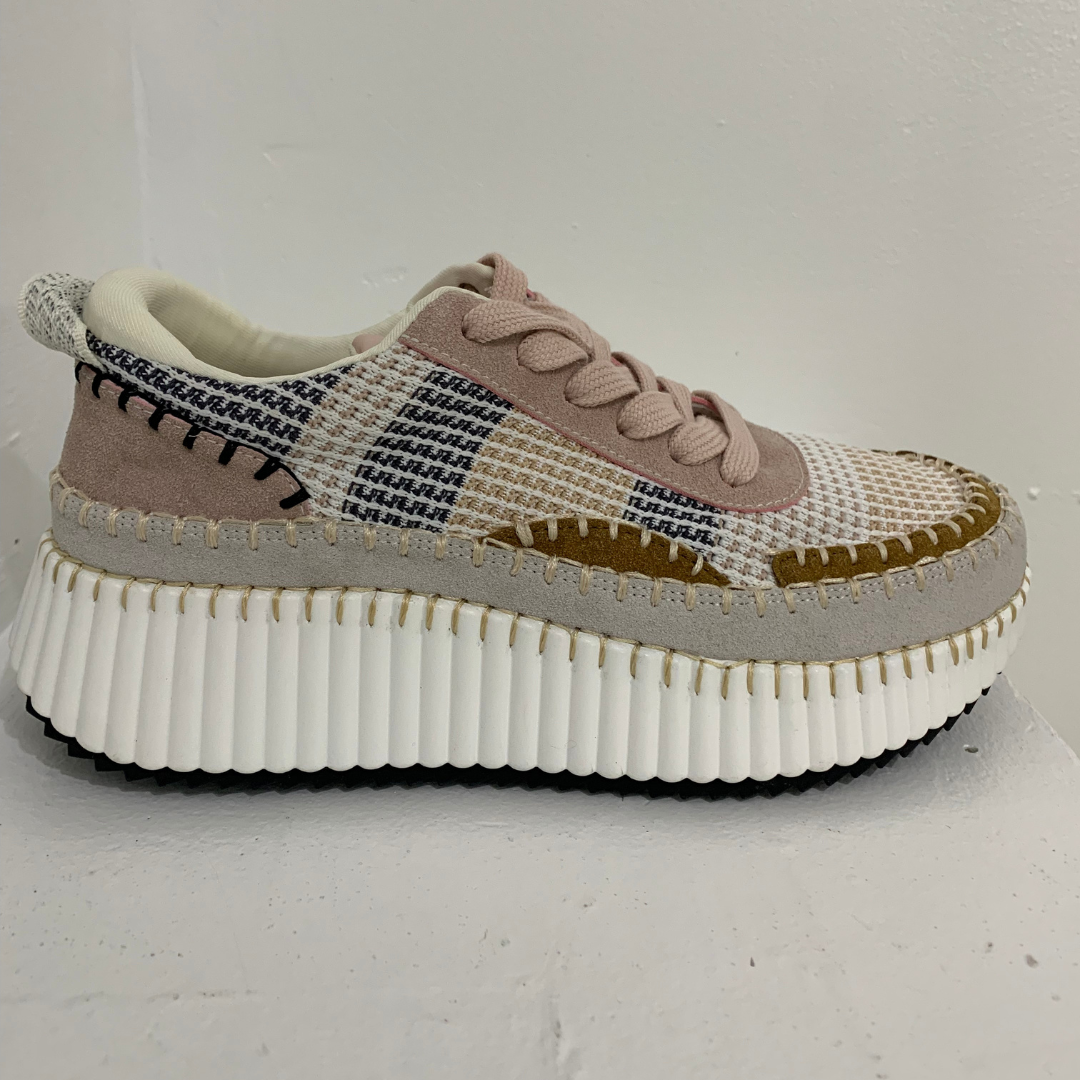  Pearls Boutique - Port Dover Ontario - Add a playful pop to your spring/summer style with the Sneak Away Runners - the perfect sneaker for those looking to up their fashion game! A gorgeous patchwork sneaker with a platform sole. Colouring: blush, taupe, ivory, black, grey