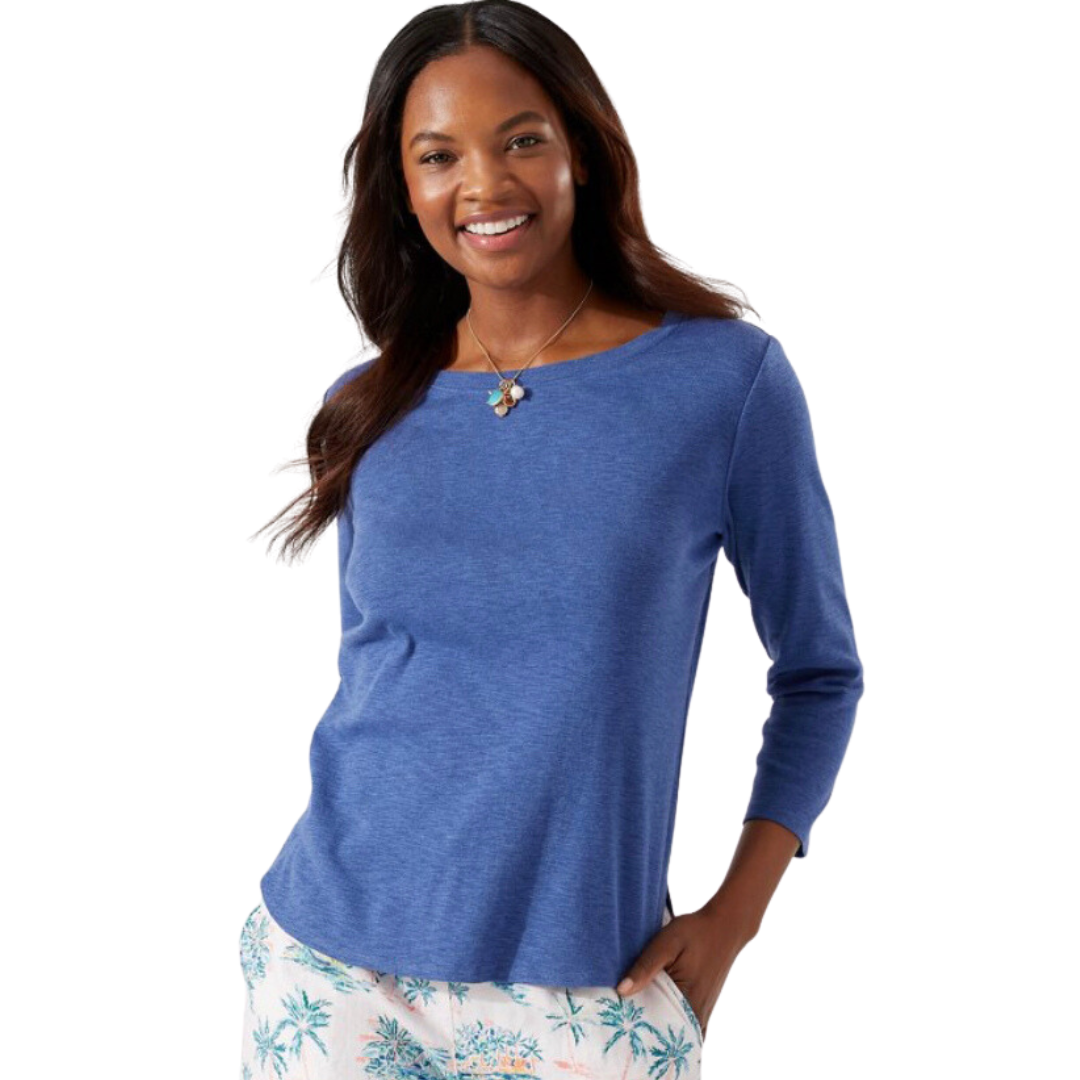 Pearls Boutique Port Dover Ontario - Ashby Isles 3/4 Sleeve Tee -  Colour -Blue.  Experience the delightful sensation of our soft, micro-rib cotton against your skin, enhanced by its relaxed slubbed texture. The shirt's hem with a stylish tail and ¾-length sleeves further contribute to its laid-back charm.  Made entirely of cotton, it is easy to care for—simply machine wash on a gentle cycle and tumble dry on a low setting. Avoid dry cleaning for optimal maintenance.