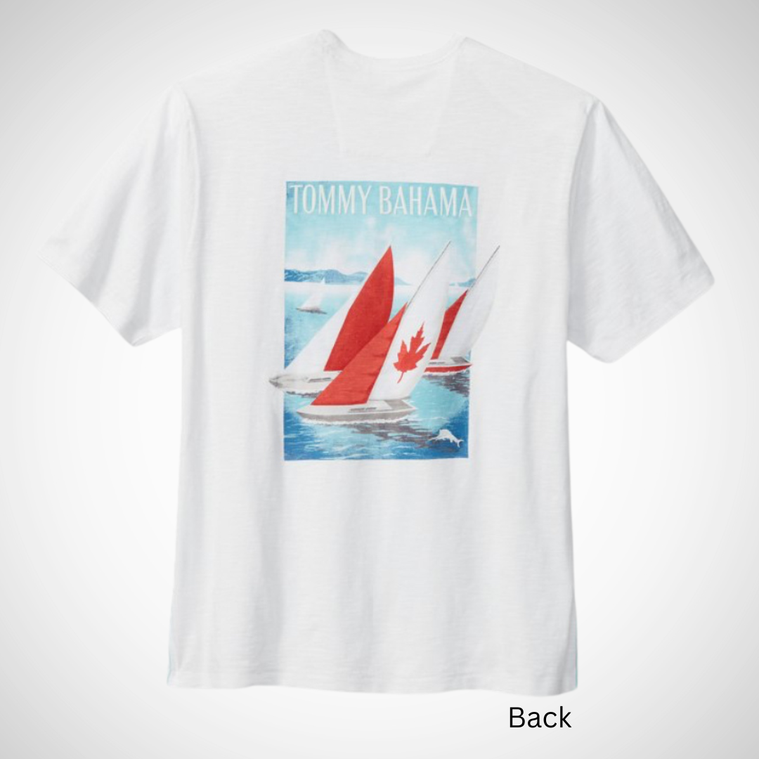 Pearls Boutique - Port Dover Ontario - Tommy Bahama - Maple Sails Tee Shirt. Classic Crew Neck Teeshirt. White with Canadian flag sails on sail boat scene on back of Tee Shirt. Front Of Shirt is plain with Tommy Bahama logo