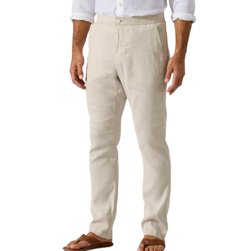Pearls Boutique - Port Dover Ontario - Tommy Bahama - Mens Pull On Linen Pants. Light Stone Colour. Elastic Waistband, Fly and Button Detail, Pockets, Straight Leg  Make a statement in the Beach Coast Linen Pant. This pull-on pant is made for high-performing activities, with Stone Color fabric and pockets for added convenience. Conquer the day with style and ease!