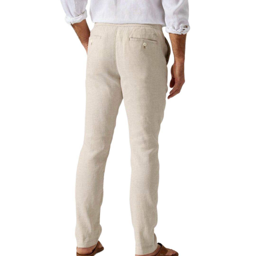  Pearls Boutique - Port Dover Ontario - Tommy Bahama - Mens Pull On Linen Pants. Light Stone Colour. Elastic Waistband, Fly and Button Detail, Pockets, Straight Leg   Make a statement in the Beach Coast Linen Pant. This pull-on pant is made for high-performing activities, with Stone Color fabric and pockets for added convenience. Conquer the day with style and ease!