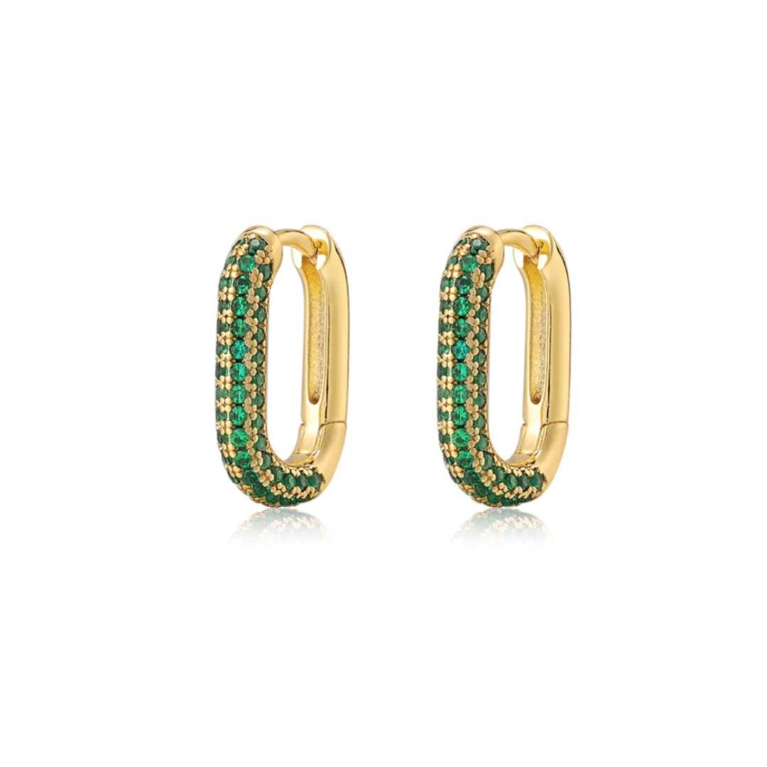 Pearls Boutique, Port Dover Ontario, Luv Aj, Pave, Emerald, Chain Link Huggy Hoop. 14k Yellow Gold. for pierced ears. outside diameter of 0.56" (14.5 mm), tubing used measures 2.4 mm in width. , each hoop weighs just 1 gram, The earrings boast hand-set CZ stones. They are crafted from plated brass and adorned with Cubic Zirconia stones. For enhanced durability, the earrings have a plating of 0.3 microns, which is further protected by an e-coating.