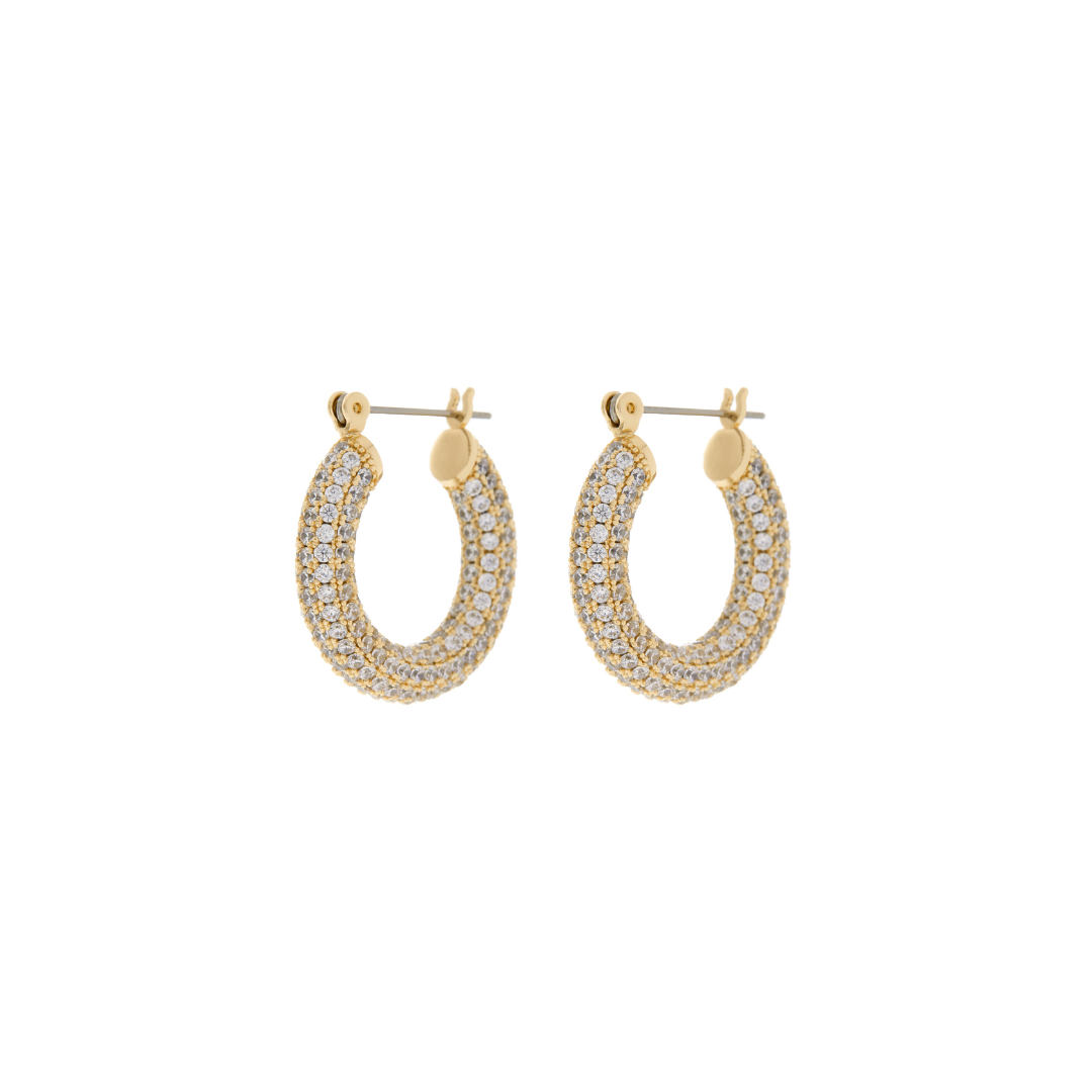Pearls Boutique Port Dover Ontario LUV AJ Pave Baby Amalfi Hoops  Outside Diameter: 0.88" (22.4 mm) Tubing is 5 mm wide Each hoop weighs 4 grams Made from plated brass and Cubic Zirconia stones Plating is 0.03 microns + e-coating for long lasting durability Plated high polish 14K Antique Gold for maximum shine Hand set CZ stones for a luxe fine-jewelry look Posts are made from surgical steel so they are very hypo-allergenic for sensitive ears Earrings are 100% nickel-free and cadmium-free