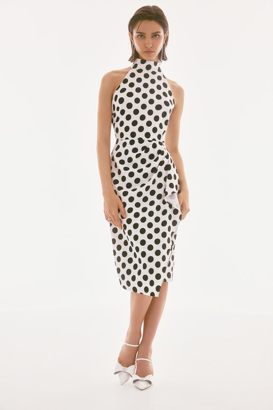 Pearls Boutique-PortDover Ontario- Joseph Ribkoff- Dotted Twill Halter Dress.90% Polyester, 10% Spandex
Woven twill fabric
Dotted print
Halter mock neck
Sleeveless
Pleated draped cascade detail
Center back slit
Back zipper closure
Lined
Hand wash in cold water with like colors
Do not bleach
Hang to dry in the shade
Do not tumble dry
Do not iron
Do not dry clean
Wash garment inside out