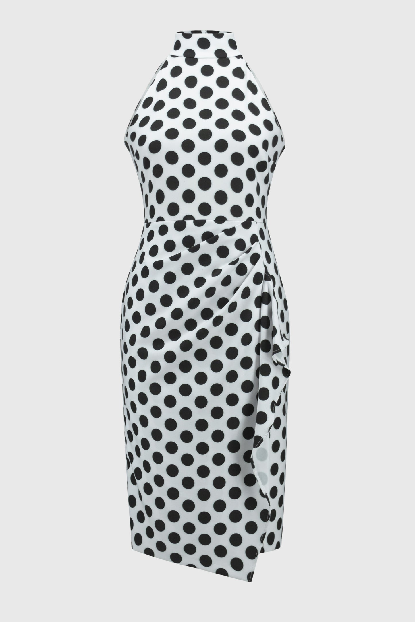Pearls Boutique-PortDover Ontario- Joseph Ribkoff- Dotted Twill Halter Dress.90% Polyester, 10% Spandex
Woven twill fabric
Dotted print
Halter mock neck
Sleeveless
Pleated draped cascade detail
Center back slit
Back zipper closure
Lined
Hand wash in cold water with like colors
Do not bleach
Hang to dry in the shade
Do not tumble dry
Do not iron
Do not dry clean
Wash garment inside out