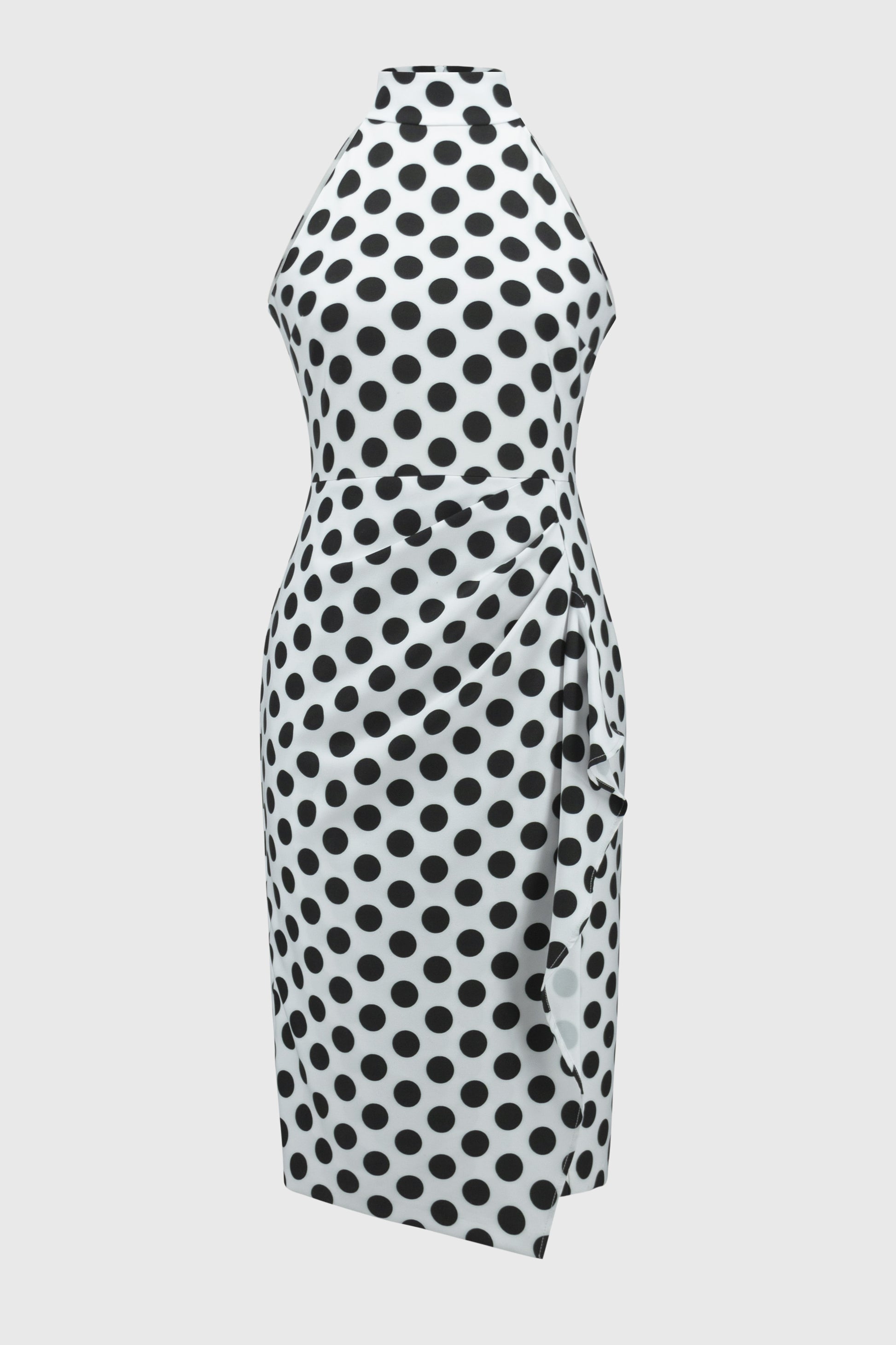 Pearls Boutique-PortDover Ontario- Joseph Ribkoff- Dotted Twill Halter Dress.90% Polyester, 10% Spandex
Woven twill fabric
Dotted print
Halter mock neck
Sleeveless
Pleated draped cascade detail
Center back slit
Back zipper closure
Lined
Hand wash in cold water with like colors
Do not bleach
Hang to dry in the shade
Do not tumble dry
Do not iron
Do not dry clean
Wash garment inside out