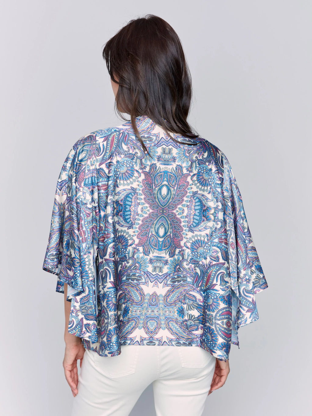 Pearls Boutique-Port Dover Ontario-Charlie B-printed-satin-kimono-cashmere colourway (soft blues, white, pink  paisley print)
Paisley Satin Kimono

Wide 3/4 Sleeves

Open-Front Design

Longer Front Hem

Paisley Print in Luxe Satin

Relaxed, Flowing Silhouette

Soft and Lightweight Fabric (97% Polyester, 3% Spandex)