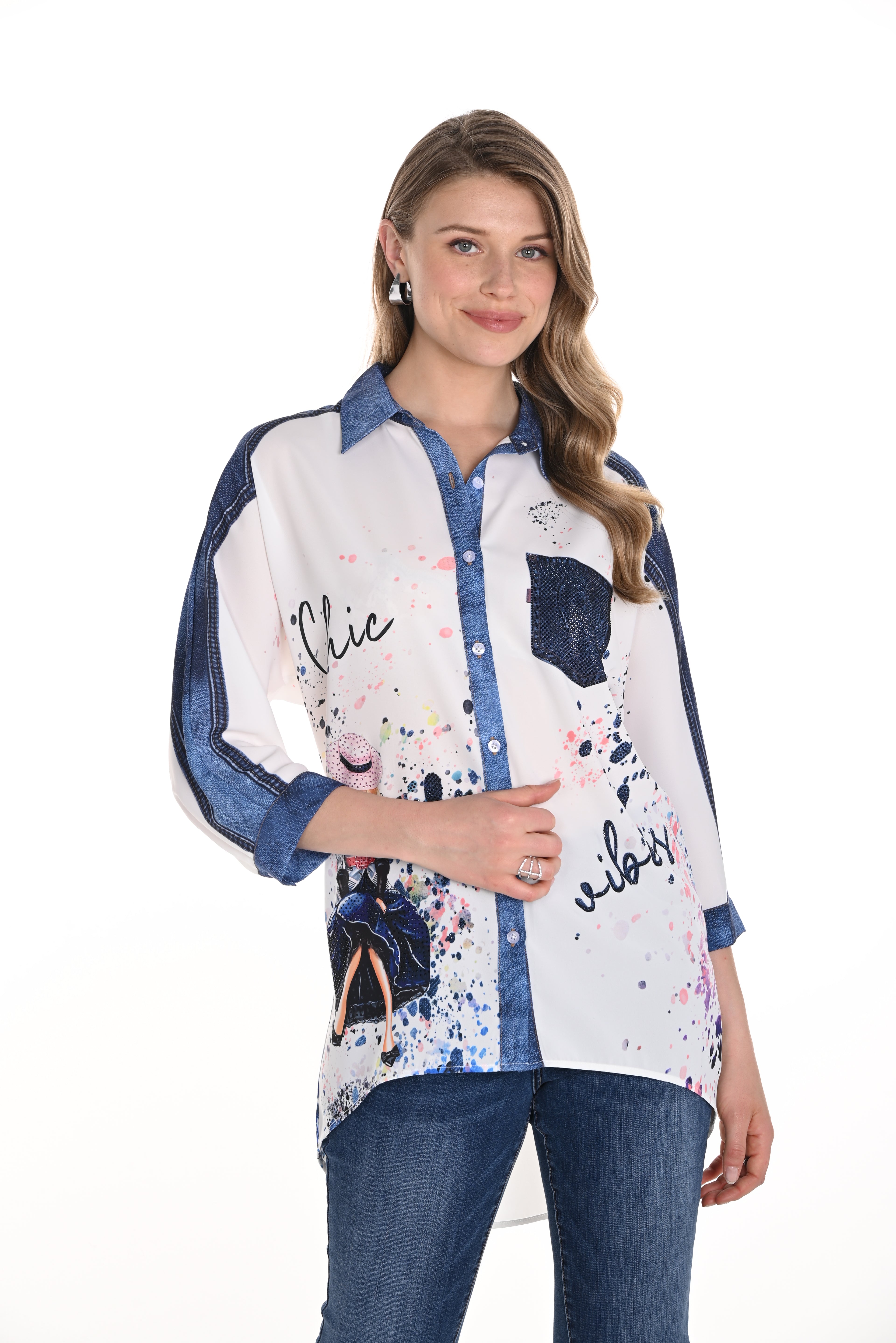 Pearls Boutique-Port Dover Ontario-Frank Lyman Chic & Vivid Blouse (Style 256740U), an off-white woven blouse featuring vibrant multi-colored artistic prints, a button-front design, a breast pocket, a shirt-style collar, and a tunic-length silhouette for a bold and stylish touch to any outfit.