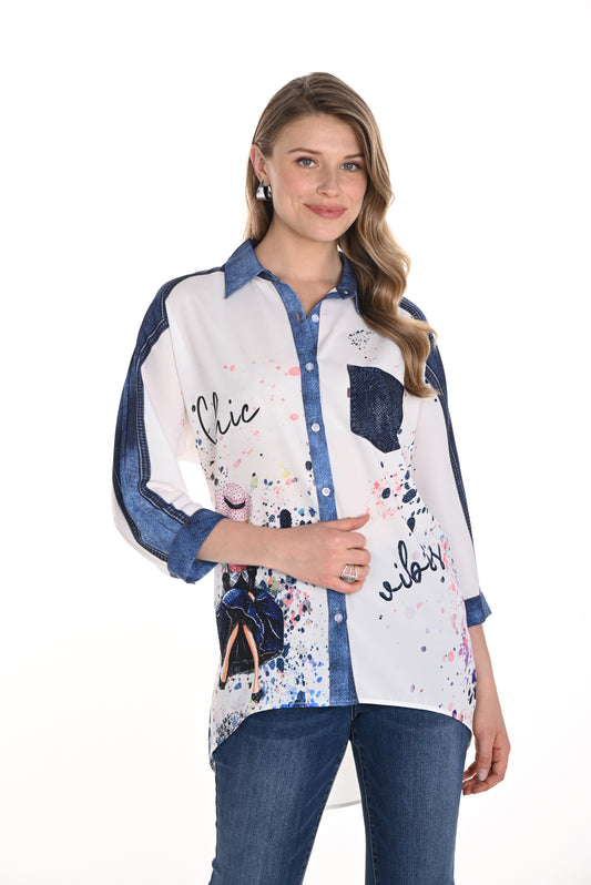 Pearls Boutique-Port Dover Ontario-Frank Lyman Chic & Vivid Blouse (Style 256740U), an off-white woven blouse featuring vibrant multi-colored artistic prints, a button-front design, a breast pocket, a shirt-style collar, and a tunic-length silhouette for a bold and stylish touch to any outfit.