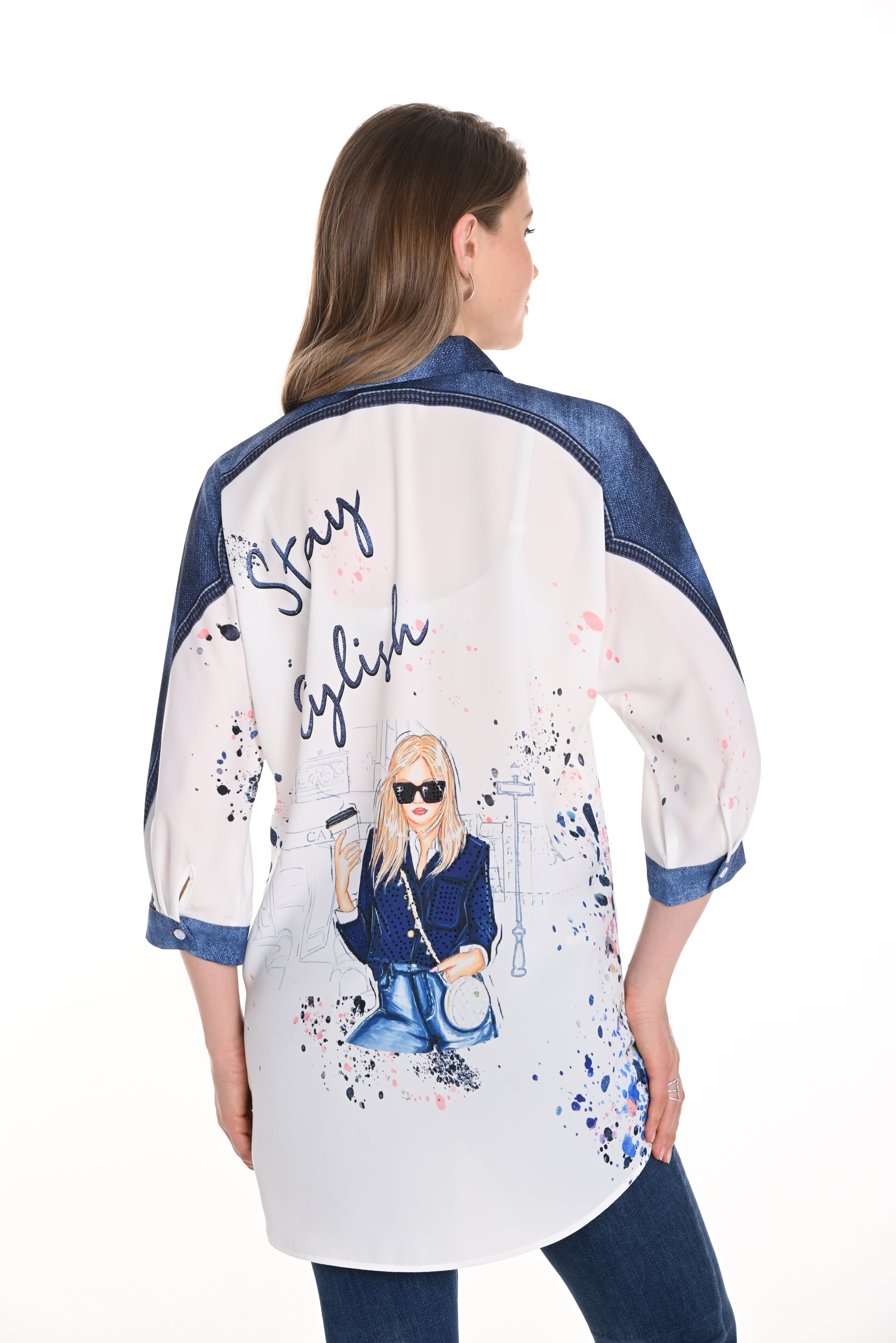 Pearls Boutique-Port Dover Ontario-Frank Lyman Chic & Vivid Blouse (Style 256740U), an off-white woven blouse featuring vibrant multi-colored artistic prints, a button-front design, a breast pocket, a shirt-style collar, and a tunic-length silhouette for a bold and stylish touch to any outfit.