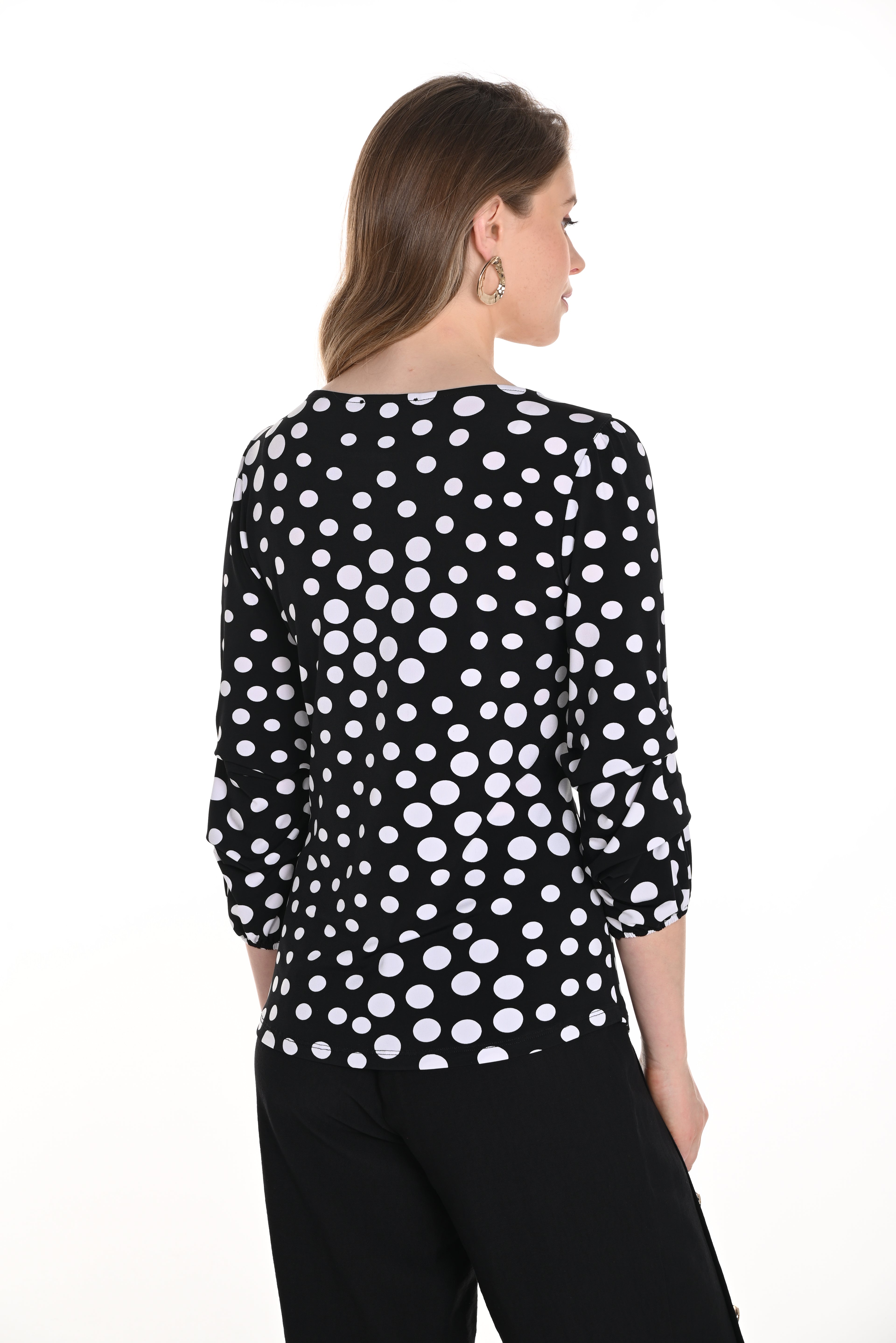 Pearls Boutique-Port Dover Ontario-Frank Lyman Polka Dot Blouse 256309, featuring a hip-length, regular fit with a boat neckline and stylish 3/4 puff sleeves. Lightweight fabric with a trendy polka dot pattern adds effortless elegance, perfect for office wear or summer occasions.