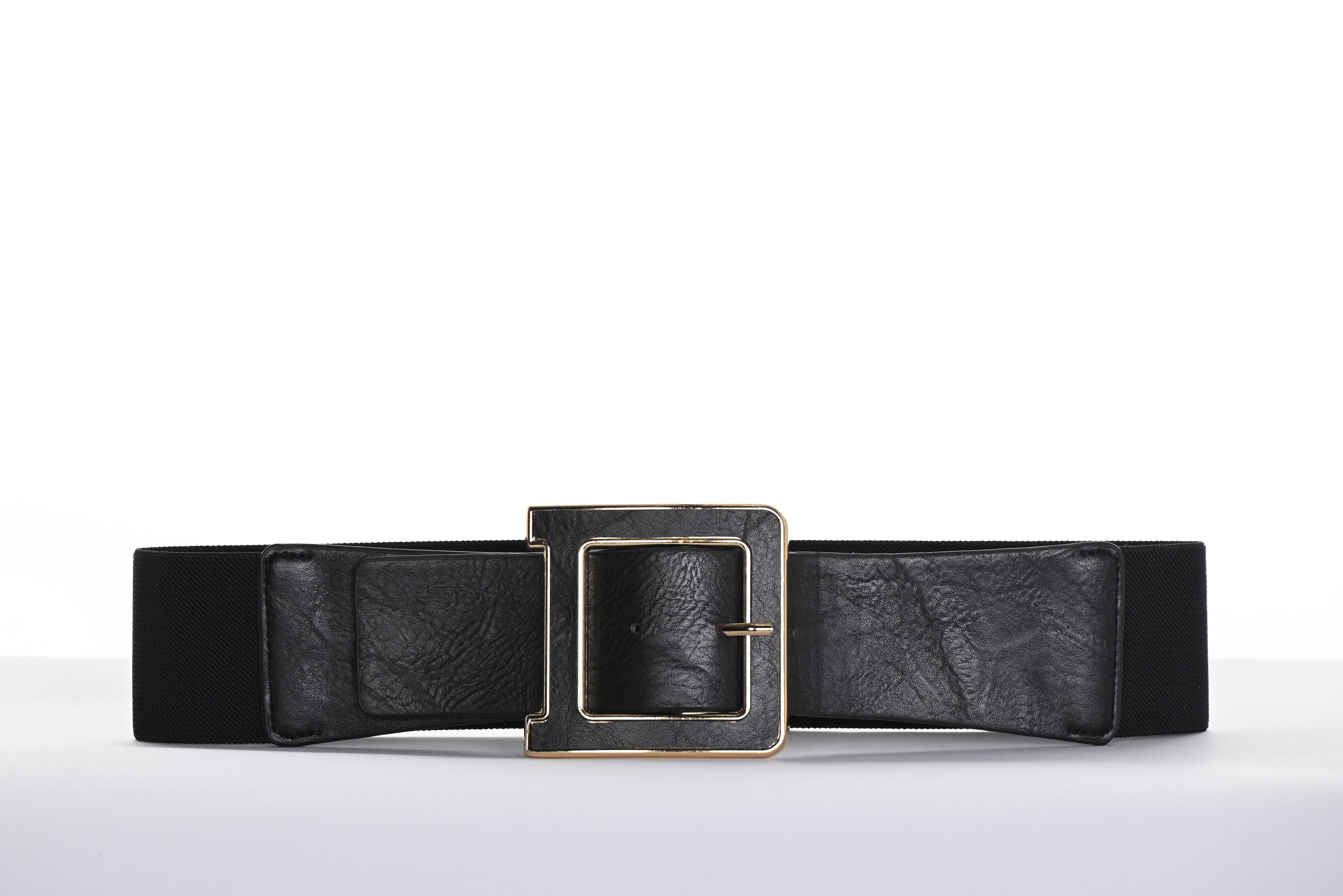 Pearls Boutique-Port Dover Ontario-Frank Lyman Wide Belt-Blk/Gold (Style A25602U), a bold and versatile accessory featuring a wide black design, a sleek square metallic & black buckle, and a blend of 80% polyester, 15% polyurethane, and 5% elastane for durability and comfortable stretch. Perfect for defining your waistline and adding timeless elegance to dresses, blazers, or tunics