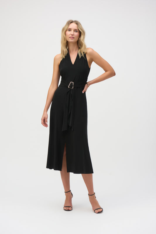 Pearls Boutique-Port Dover Ontario-Joseph Ribkoff - Silky Knit Fit and Flare Dress-252091-11. Black,
A sleek and sophisticated sleeveless midi-length dress crafted from silky knit fabric with stretch. Featuring a flattering V-neckline, chic faux halter design, and a front slit for added elegance. The adjustable waistband accentuates the waistline, while the shirred waist adds shape. Unlined for a lightweight feel. Easy-care fabric.