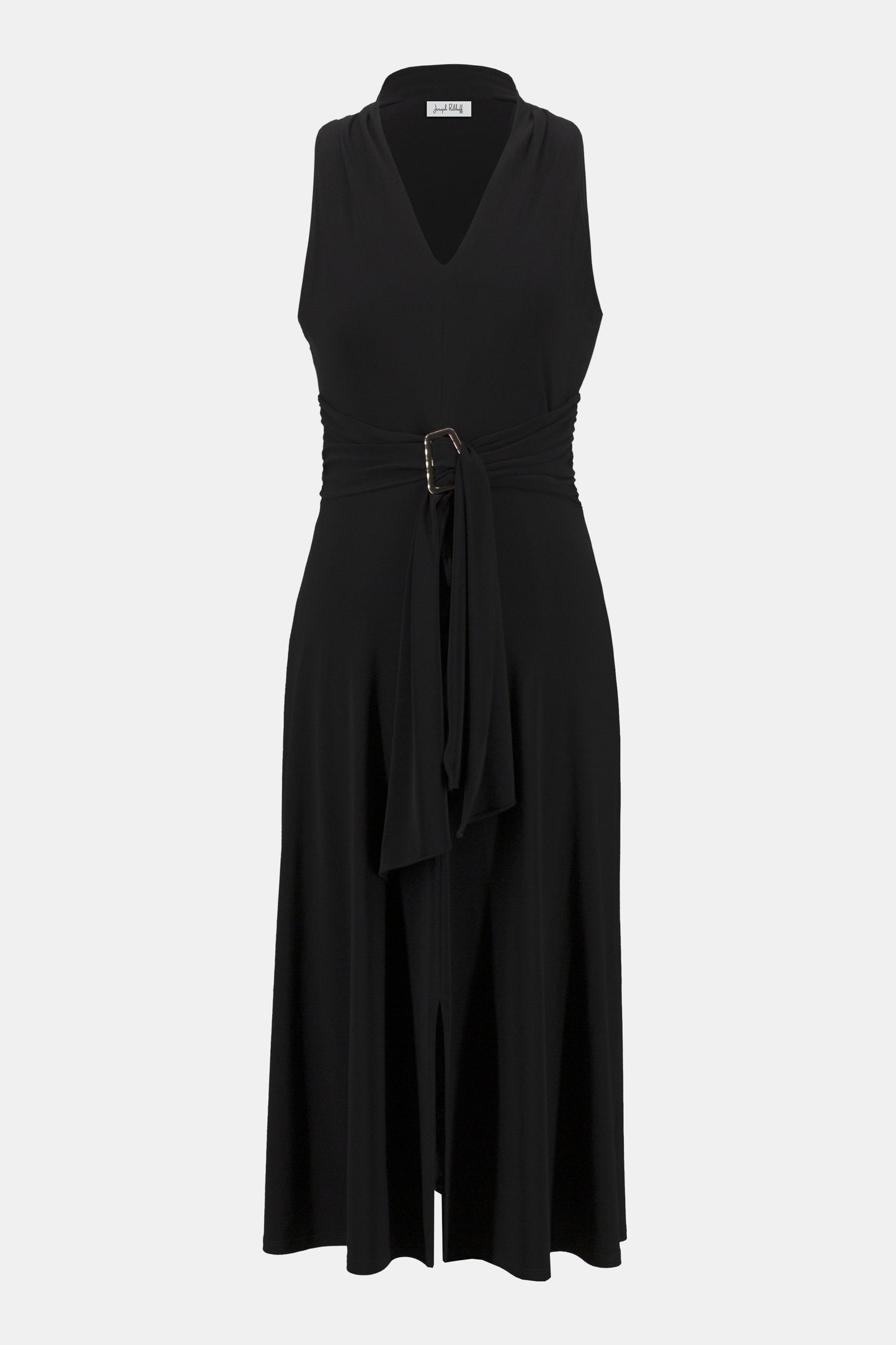 Pearls Boutique-Port Dover Ontario-Joseph Ribkoff - Silky Knit Fit and Flare Dress-252091-11. Black,
A sleek and sophisticated sleeveless midi-length dress crafted from silky knit fabric with stretch. Featuring a flattering V-neckline, chic faux halter design, and a front slit for added elegance. The adjustable waistband accentuates the waistline, while the shirred waist adds shape. Unlined for a lightweight feel. Easy-care fabric.