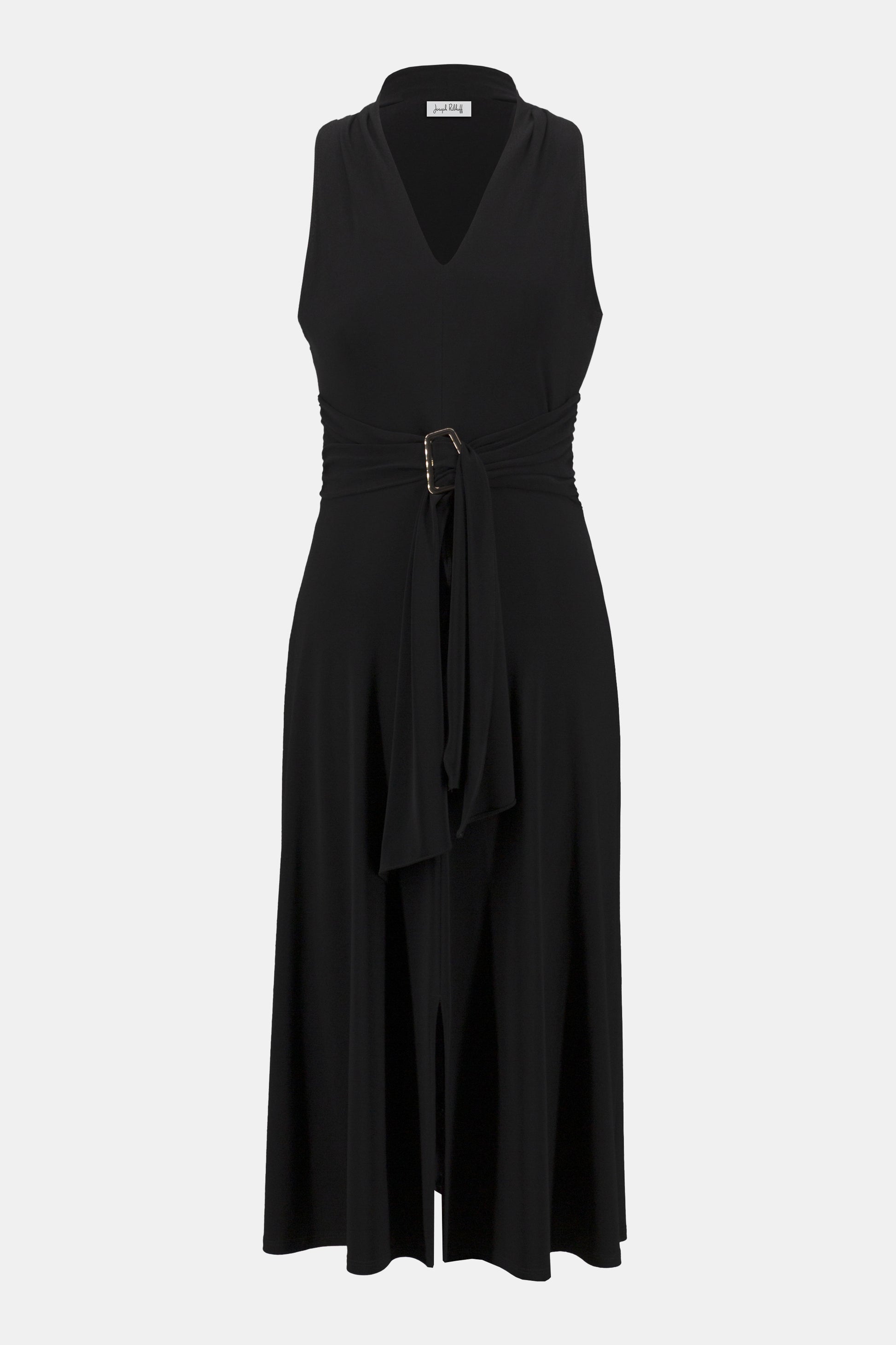 Pearls Boutique-Port Dover Ontario-Joseph Ribkoff - Silky Knit Fit and Flare Dress-252091-11. Black,
A sleek and sophisticated sleeveless midi-length dress crafted from silky knit fabric with stretch. Featuring a flattering V-neckline, chic faux halter design, and a front slit for added elegance. The adjustable waistband accentuates the waistline, while the shirred waist adds shape. Unlined for a lightweight feel. Easy-care fabric.