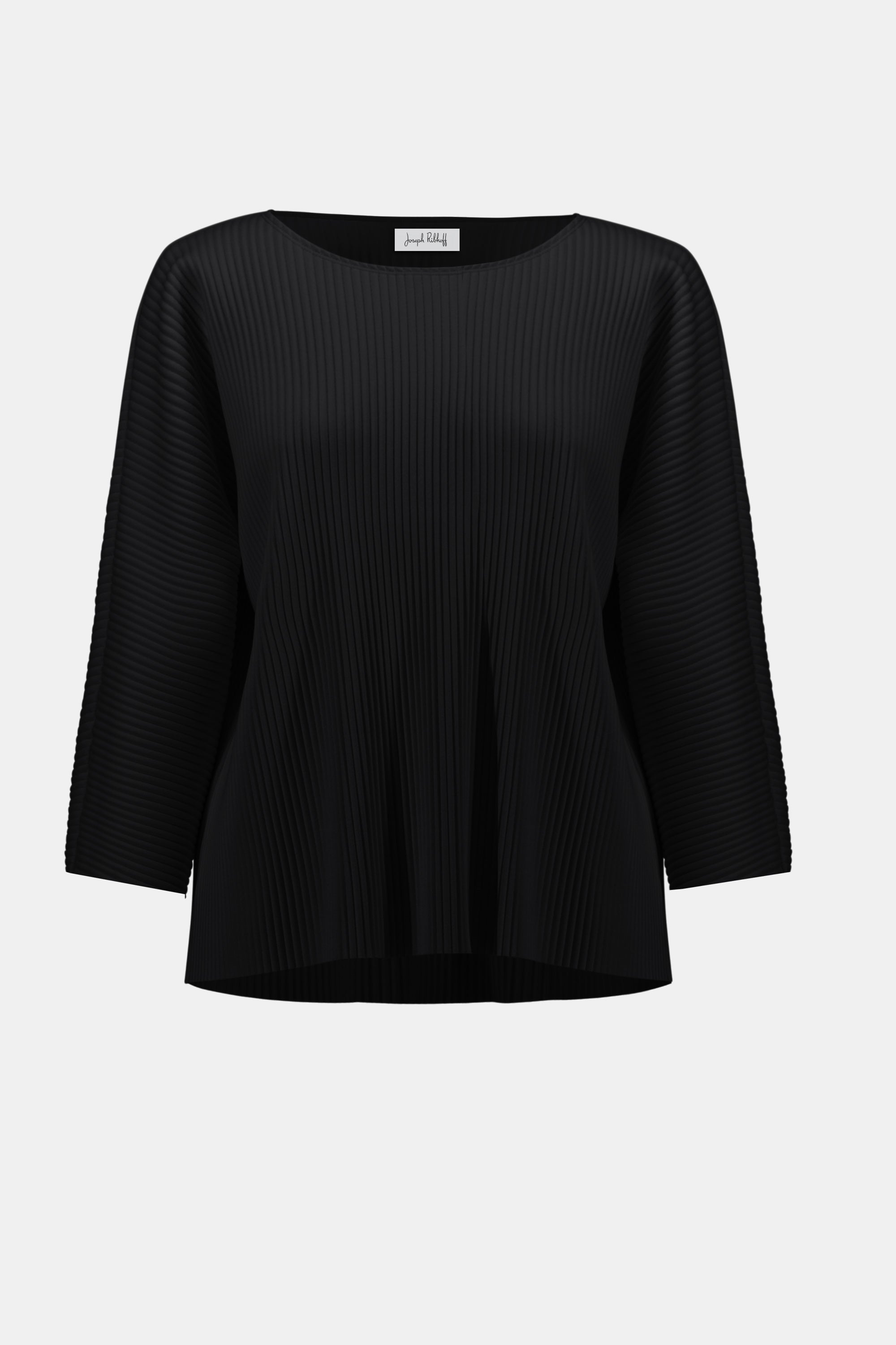 Pearls Boutique-Port Dover Ontario-Joseph Ribkoff | Pleated Scuba Crepe Boxy Top-Colour Black
– Lightweight scuba crepe with subtle structure
– Delicate pleating for added movement and dimension
– Flattering scoop neckline with soft drape
– Three-quarter dolman sleeves for a contemporary finish
– Relaxed, boxy silhouette for all-day comfort