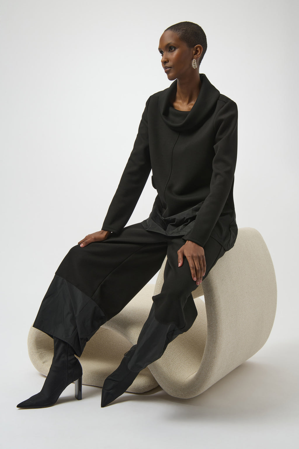 Pearls Boutique-Port Dover Ontario-Joseph Ribkoff | Scuba Jersey and Memory | Balloon Pants-254012-colour Black.Joseph Ribkoff scuba jersey and memory balloon pants with elastic waistband, voluminous leg, and tapered hem in a sleek, structured silhouette