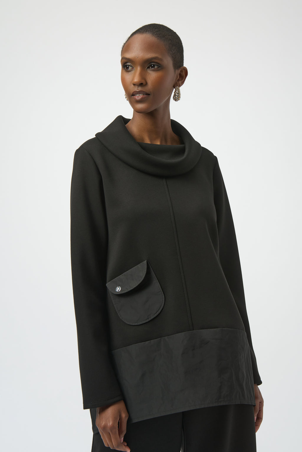 Pearls Boutique-Port Dover Ontario-Joseph Ribkoff | Scuba Jersey and Memory Trapeze |Tunic-254004- colour Black 
Joseph Ribkoff trapeze tunic in scuba jersey and memory fabric with cowl collar, 
long sleeves, and minimalist side pocket in a sculptural silhouette.