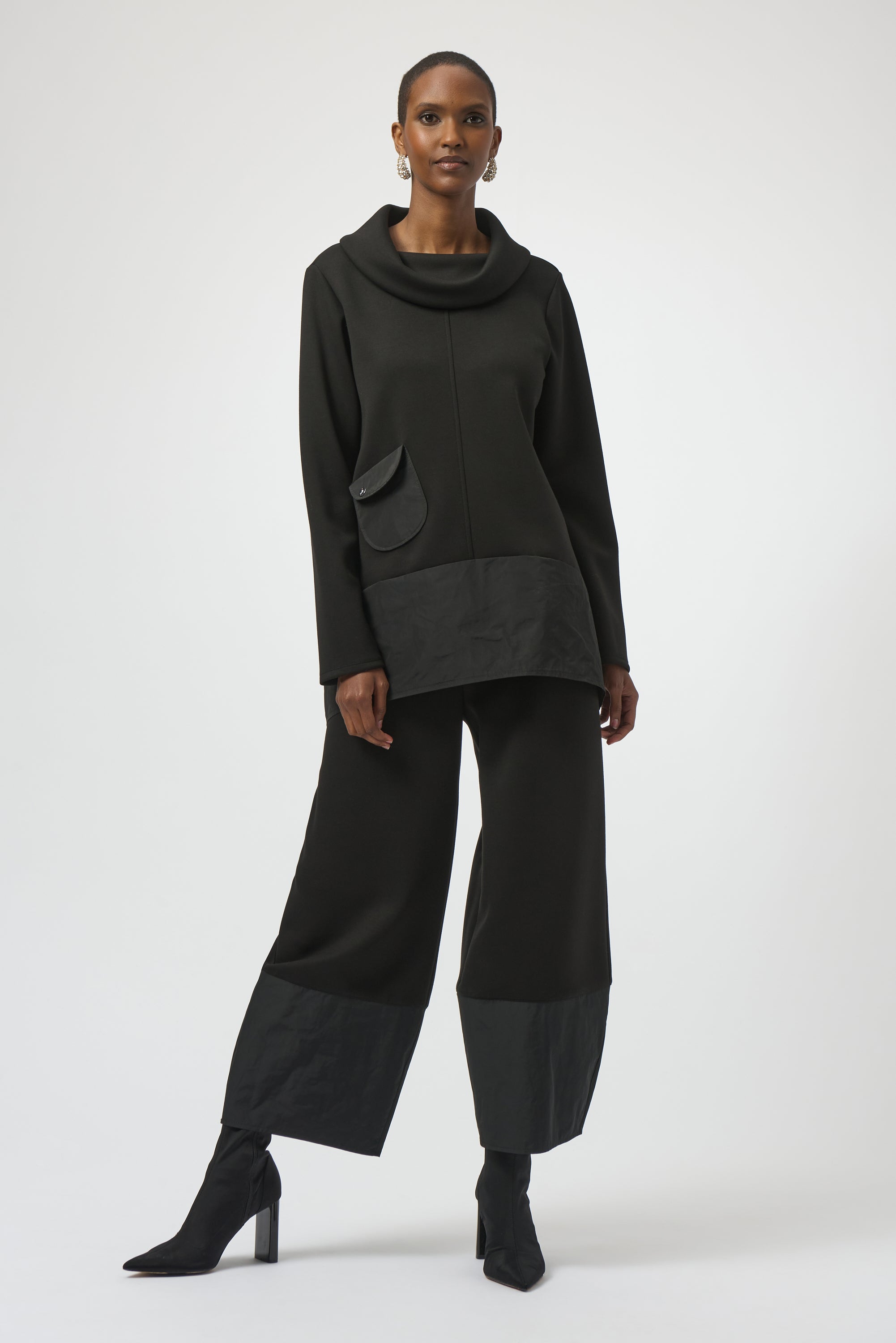 Pearls Boutique-Port Dover Ontario-Joseph Ribkoff | Scuba Jersey and Memory Trapeze |Tunic-254004- colour Black 
Joseph Ribkoff trapeze tunic in scuba jersey and memory fabric with cowl collar, 
long sleeves, and minimalist side pocket in a sculptural silhouette.