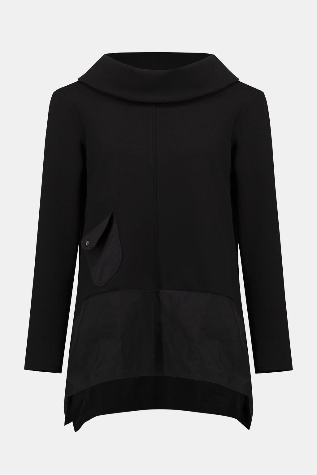 Pearls Boutique-Port Dover Ontario-Joseph Ribkoff | Scuba Jersey and Memory Trapeze |Tunic-254004- colour Black 
Joseph Ribkoff trapeze tunic in scuba jersey and memory fabric with cowl collar, 
long sleeves, and minimalist side pocket in a sculptural silhouette.