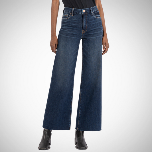 Pearls Boutique - Port Dover Ontario - KUT - Meg Fab Ab Wide Leg. Style: High-rise, wide-leg jeans Design: Classic 5-pocket styling, Fly front Fabric: 87% cotton, 12% polyester, 1% spandex Fit: Comfortable, flattering with Fab Ab front pockets Details: Raw hems for a trendy touch Measurements: 27" inseam, 23" leg opening, 10 1/2" rise Fit: Runs slightly oversized Color: Vintage-inspired "Exhibited Wash"