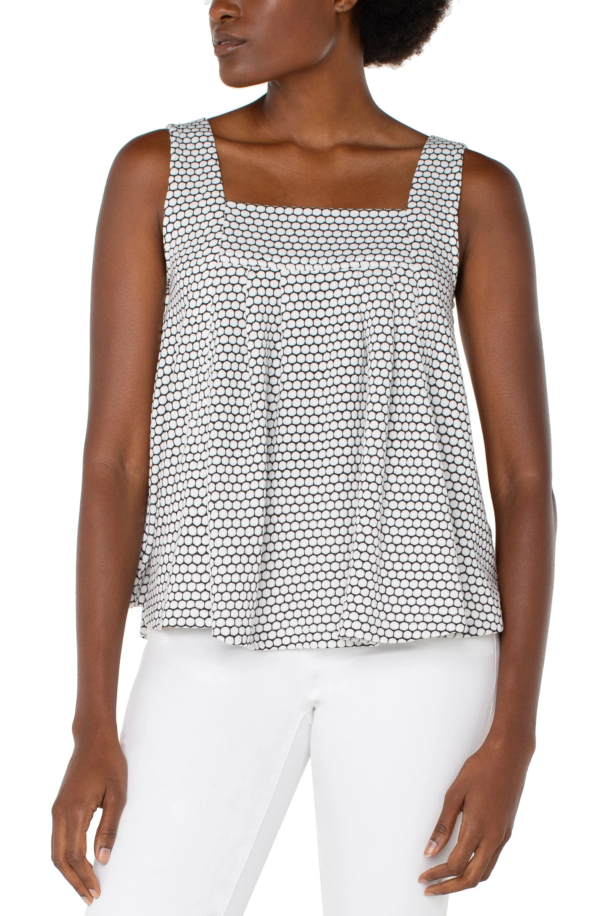 Pearls Boutique-Port Dover Ontario-Liverpool|Sleeveless Square Neck Top-A sleeveless top featuring a square neck and back, designed with a bold black-and-white geometric print. The relaxed, flattering baby doll silhouette is made from a blend of 85% polyester and 15% rayon, offering comfort and style. Perfect for casual outings, weekend get-togethers, or pairing with denim for a trendy, chic look.
