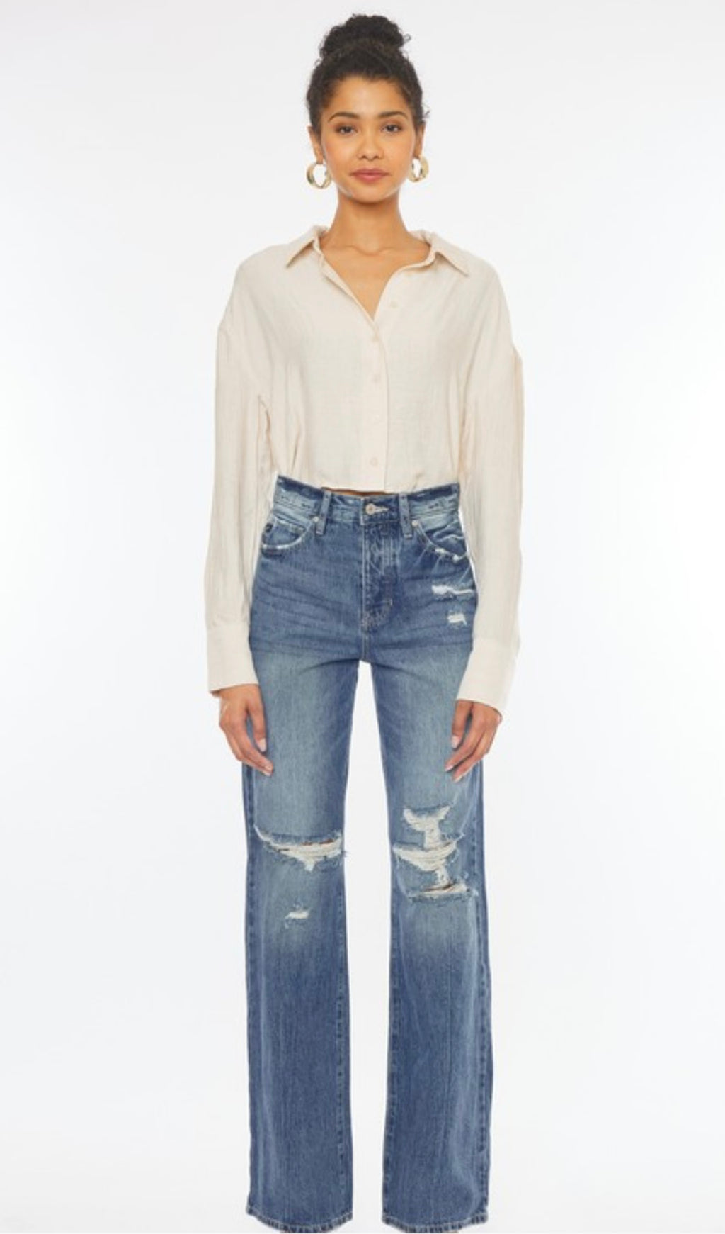 Pearls Boutique-Port Dover Ontario-Ultra high-rise 90s wide leg flare jeans

Medium wash Rigid, distressed, Hidden button fly

Regular hem

11 1/2 inch rise

34 inch inseam

100% cotton

11.4 OZ
5 pocket styling 