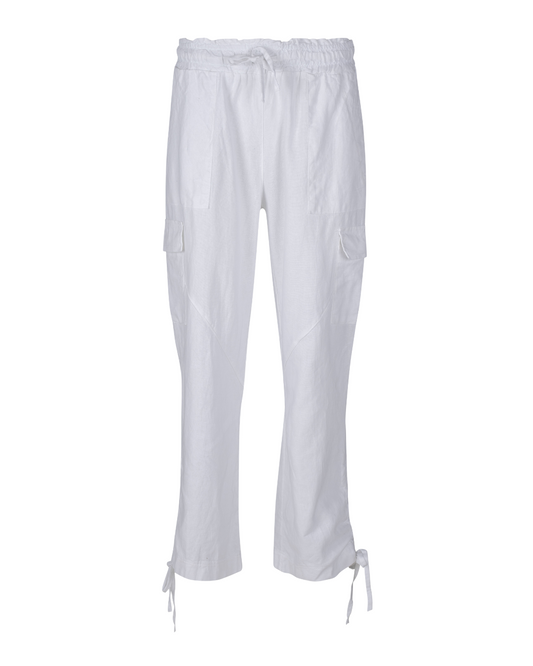 Pearls Boutique-Port Dover Ontario- Astrid-Leisure Pant-11-8101G. White linen-viscose blend pants with a relaxed fit, featuring a drawstring waist, tie details at the hems, and functional pockets. Lightweight and breathable, perfect for warm-weather wear, vacations, and casual outings.