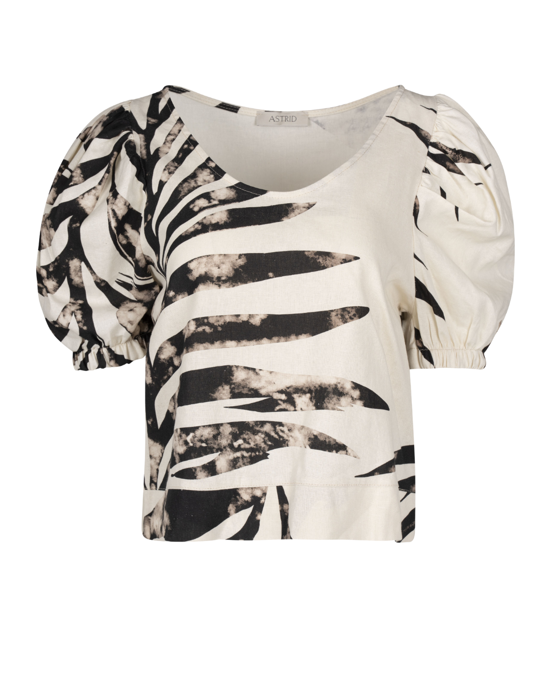 Pearls Boutique-Port Dover Ontario- Astrid- Palm print Top-10-7809PGA neutral-toned palm print top (black,taupe,Ivory) with short princess sleeves and a scoop neckline. Made from a lightweight linen-viscose blend for a breathable, relaxed fit. Perfect for warm-weather outings, vacations, and casual chic styling.