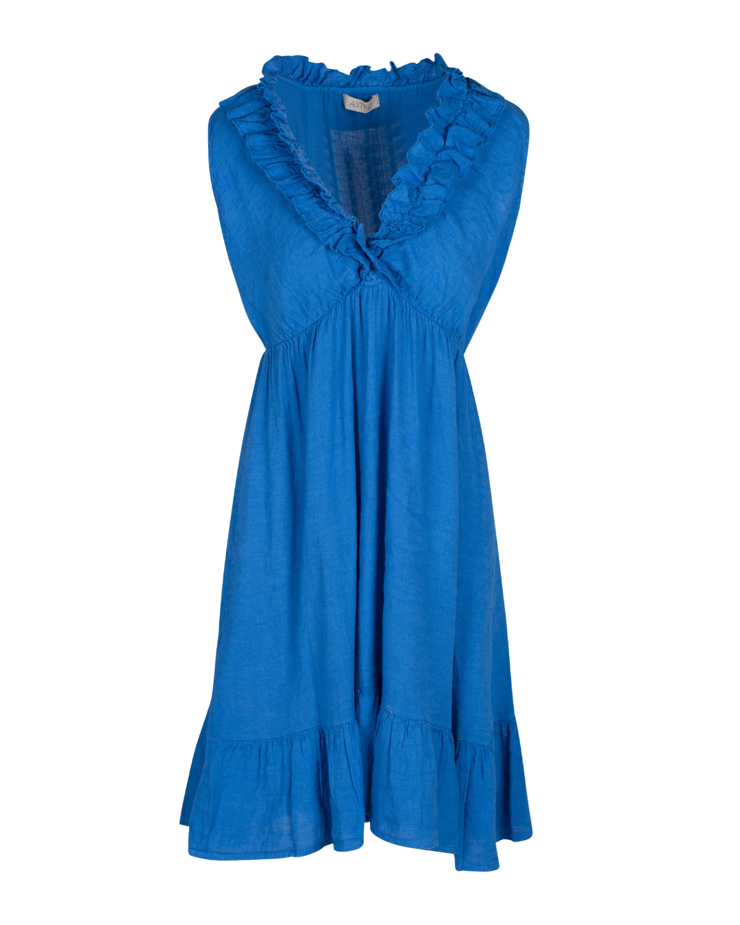 Pearls Boutique-Port Dover Ontario- Astrid- Ruffle Dress- 19-9816G. Sleeveless knee-length dress in vibrant cobalt blue, featuring a flowy silhouette, V-neckline with ruffle details, and bra-friendly straps. Made from a breathable 92% linen and 8% viscose blend for lightweight comfort. Perfect for casual outings, summer events, and vacation styling.







