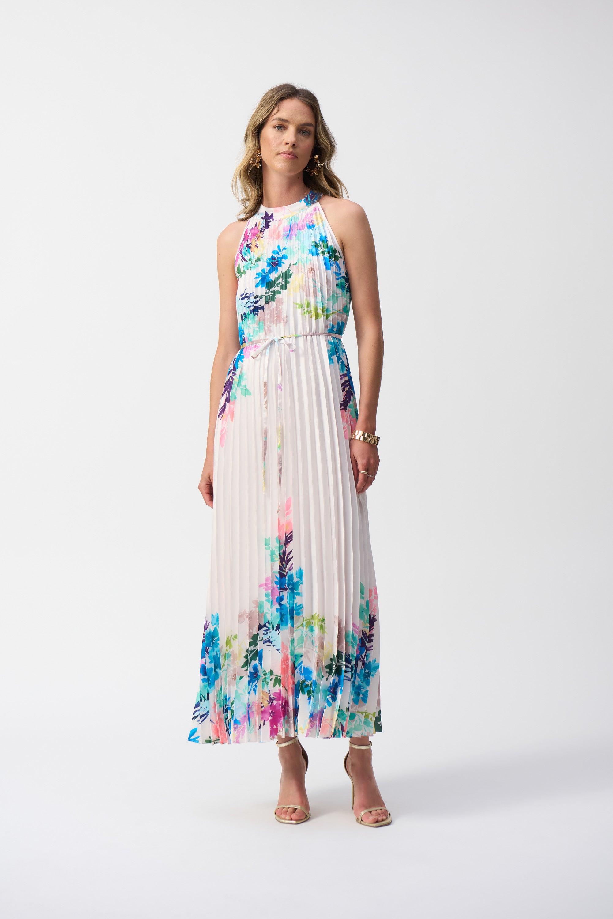 Pearls Boutique-Port Dover Ontario Joseph Ribkoff -Floral Bouquet Gown- 251904, halter-style maxi dress with knife pleats through the bodice and skirt, keyhole back, self-tie belt at the waist, A-line silhouette,  white with watercolour floral placement print, sleeveless design, perfect for weddings, galas, and formal events.