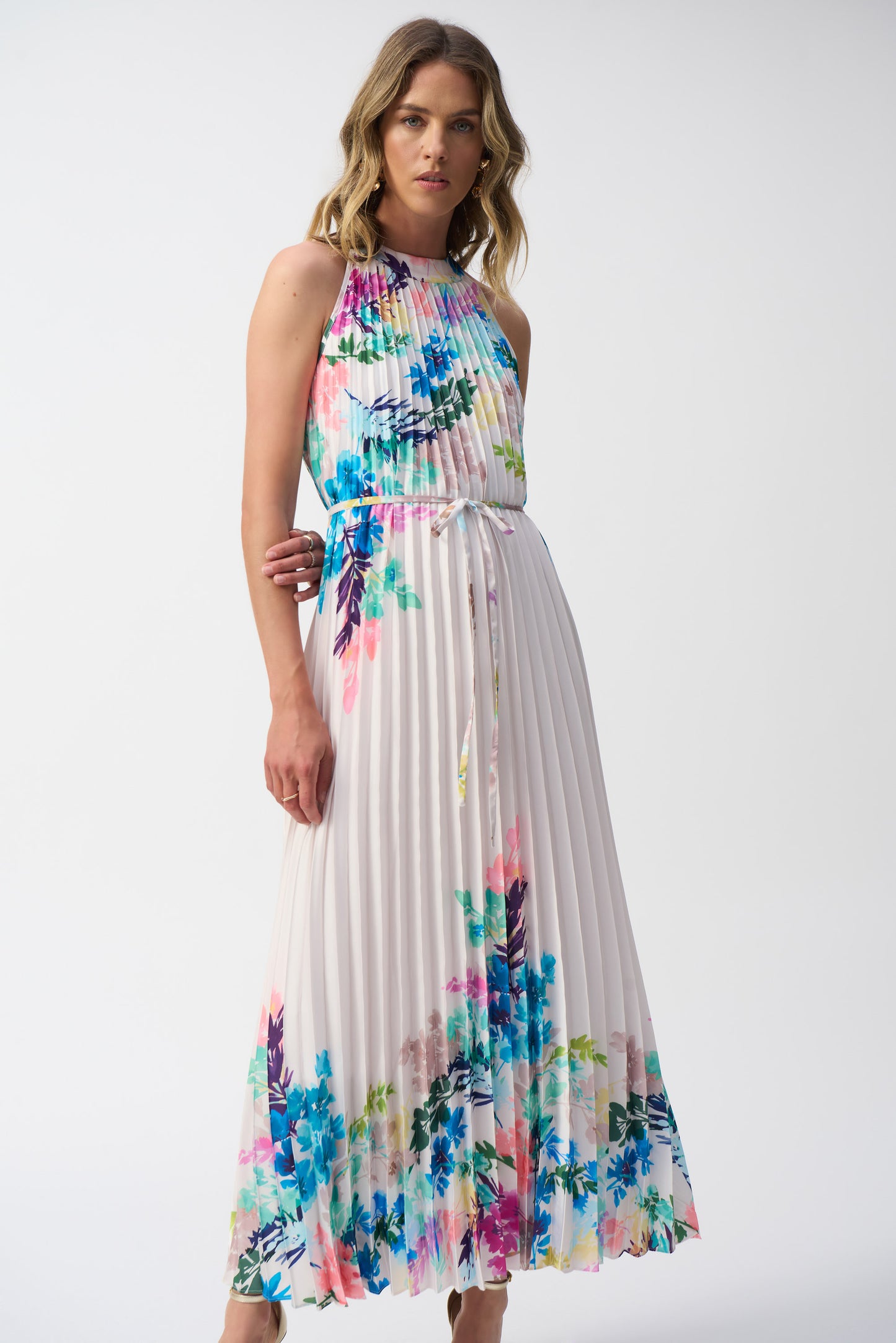 Pearls Boutique-Port Dover Ontario Joseph Ribkoff -Floral Bouquet Gown- 251904, halter-style maxi dress with knife pleats through the bodice and skirt, keyhole back, self-tie belt at the waist, A-line silhouette,  white with watercolour floral placement print, sleeveless design, perfect for weddings, galas, and formal events.