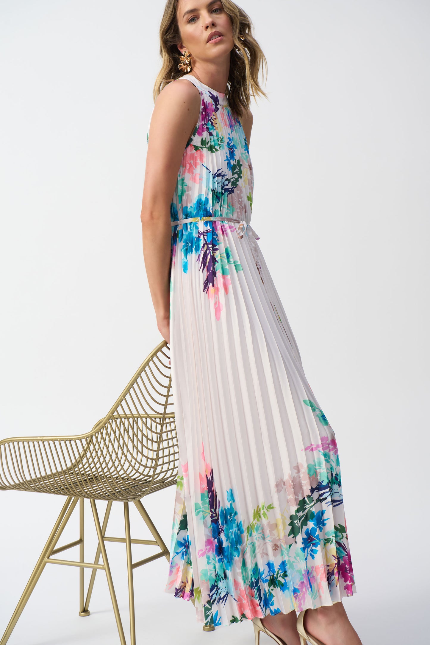 Pearls Boutique-Port Dover Ontario Joseph Ribkoff -Floral Bouquet Gown- 251904, halter-style maxi dress with knife pleats through the bodice and skirt, keyhole back, self-tie belt at the waist, A-line silhouette,  white with watercolour floral placement print, sleeveless design, perfect for weddings, galas, and formal events.