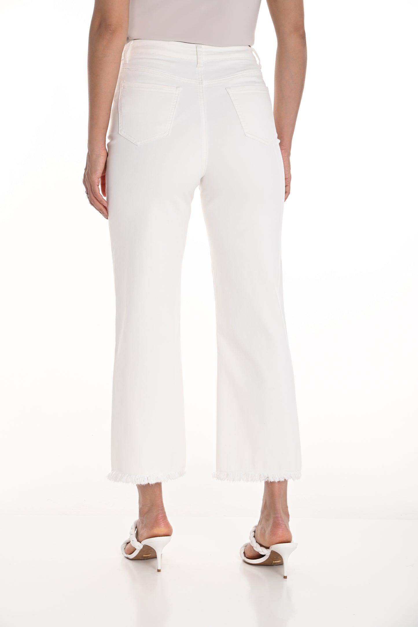 Pearls Boutique-Port Dover Ontario-Frank Lyman Wide-Leg Cropped Trousers with a high-waisted fit, frayed hem, and belted design. Made from a durable cotton blend with front and back pockets, these feminine and casual trousers are perfect for summer occasions.