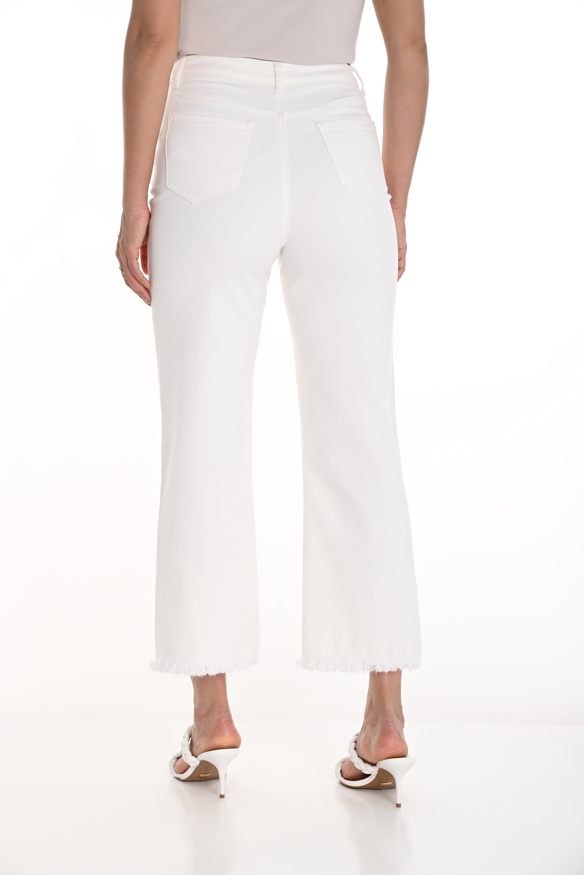 Pearls Boutique-Port Dover Ontario-Frank Lyman Wide-Leg Cropped Trousers with a high-waisted fit, frayed hem, and belted design. Made from a durable cotton blend with front and back pockets, these feminine and casual trousers are perfect for summer occasions.
