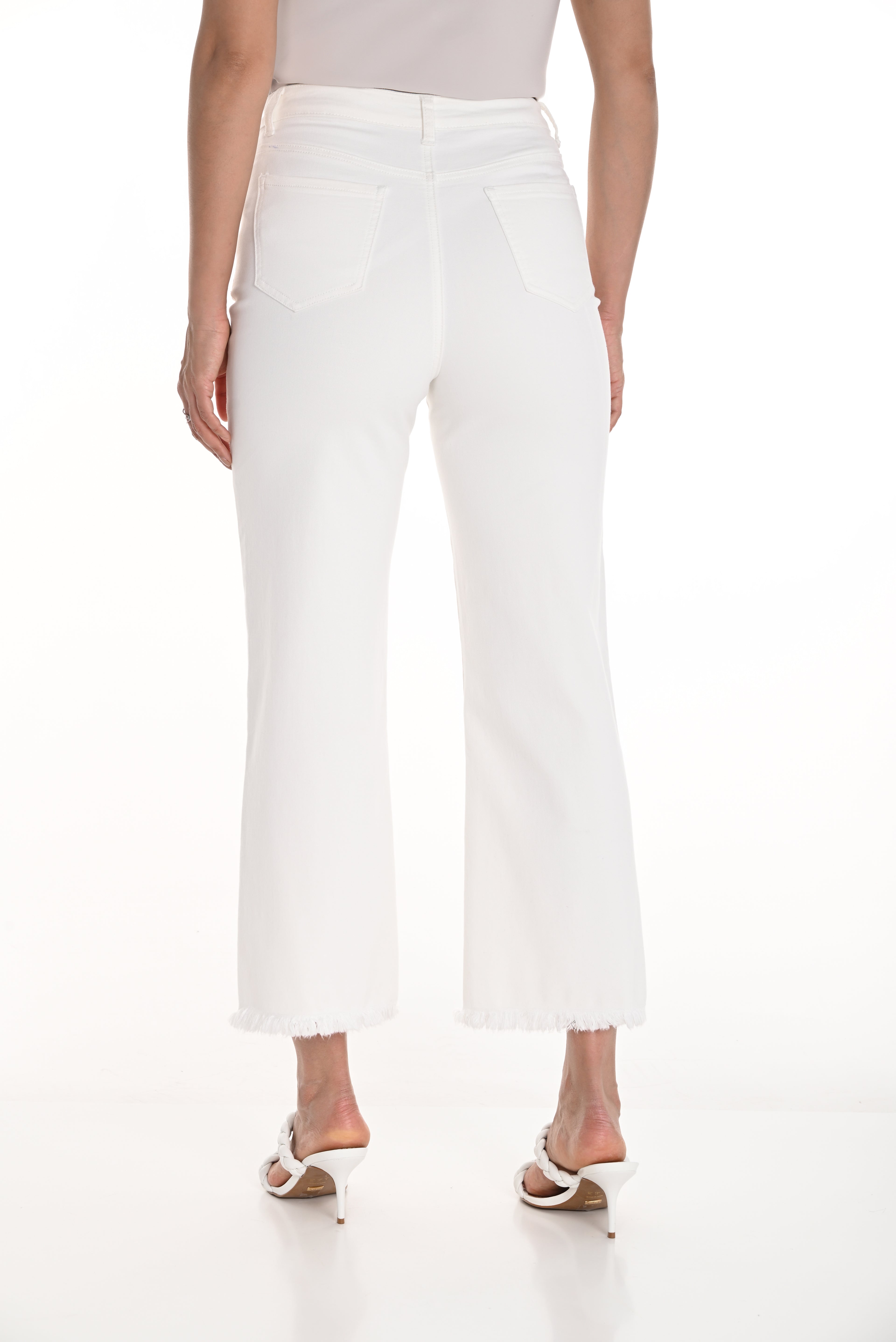 Pearls Boutique-Port Dover Ontario-Frank Lyman Wide-Leg Cropped Trousers with a high-waisted fit, frayed hem, and belted design. Made from a durable cotton blend with front and back pockets, these feminine and casual trousers are perfect for summer occasions.