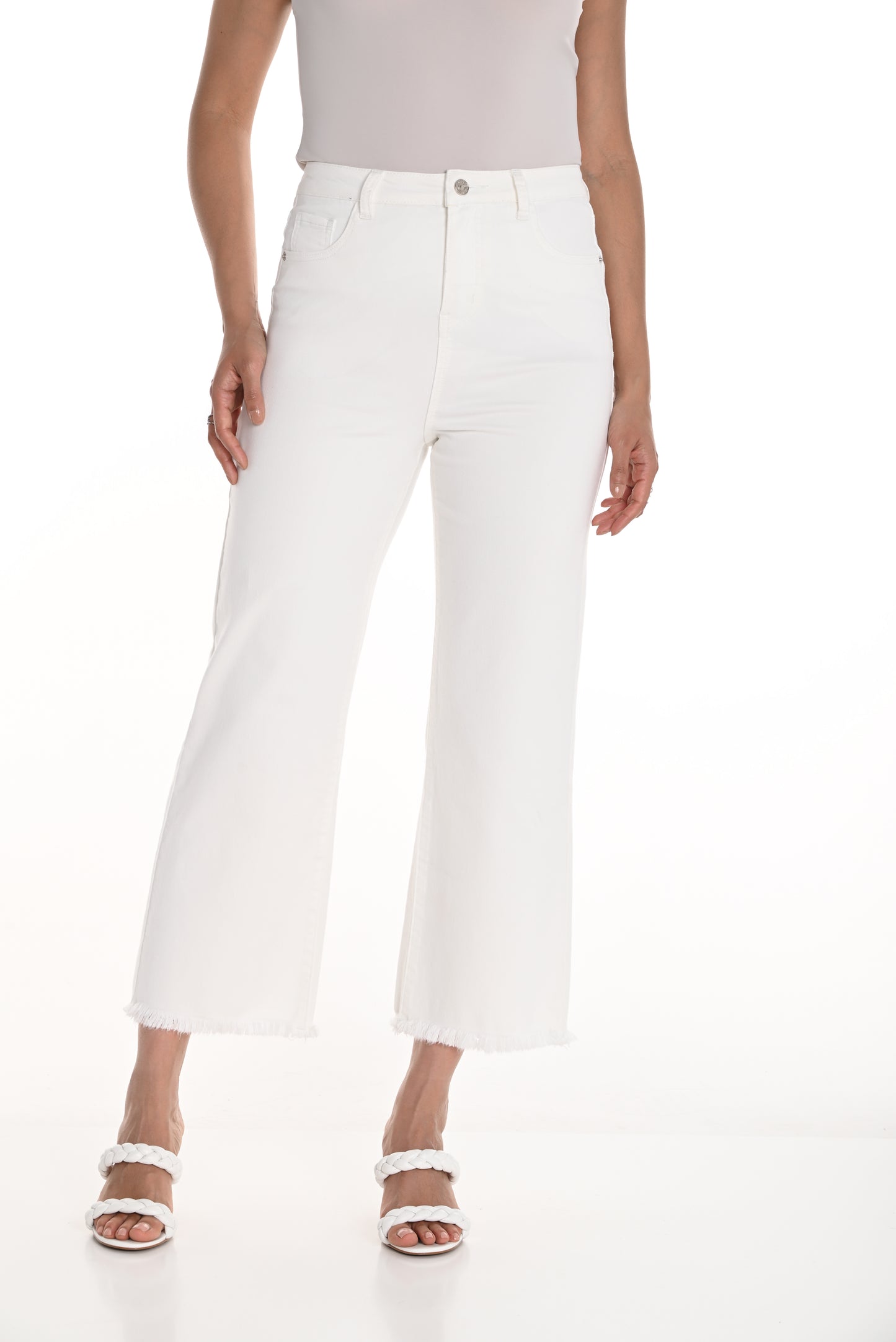 Pearls Boutique-Port Dover Ontario-Frank Lyman Wide-Leg Cropped Trousers with a high-waisted fit, frayed hem, and belted design. Made from a durable cotton blend with front and back pockets, these feminine and casual trousers are perfect for summer occasions.